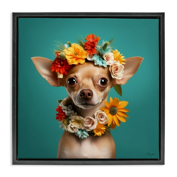 Stupell Industries Floral Chihuahua Portrait Animals & Insects Painting Black Floater Framed Canvas Art Print Wall Art, 18 x 18