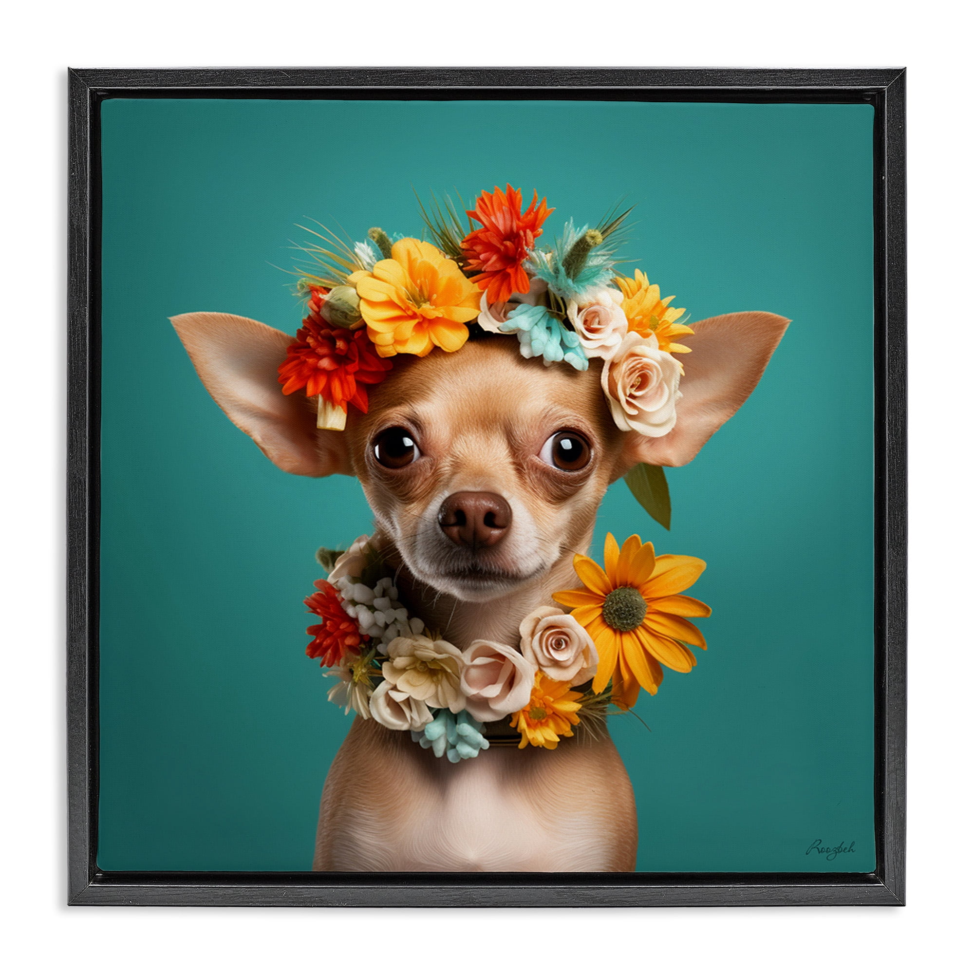 Stupell Industries Floral Chihuahua Portrait Animals & Insects Painting Black Floater Framed Canvas Art Print Wall Art, 25 x 25