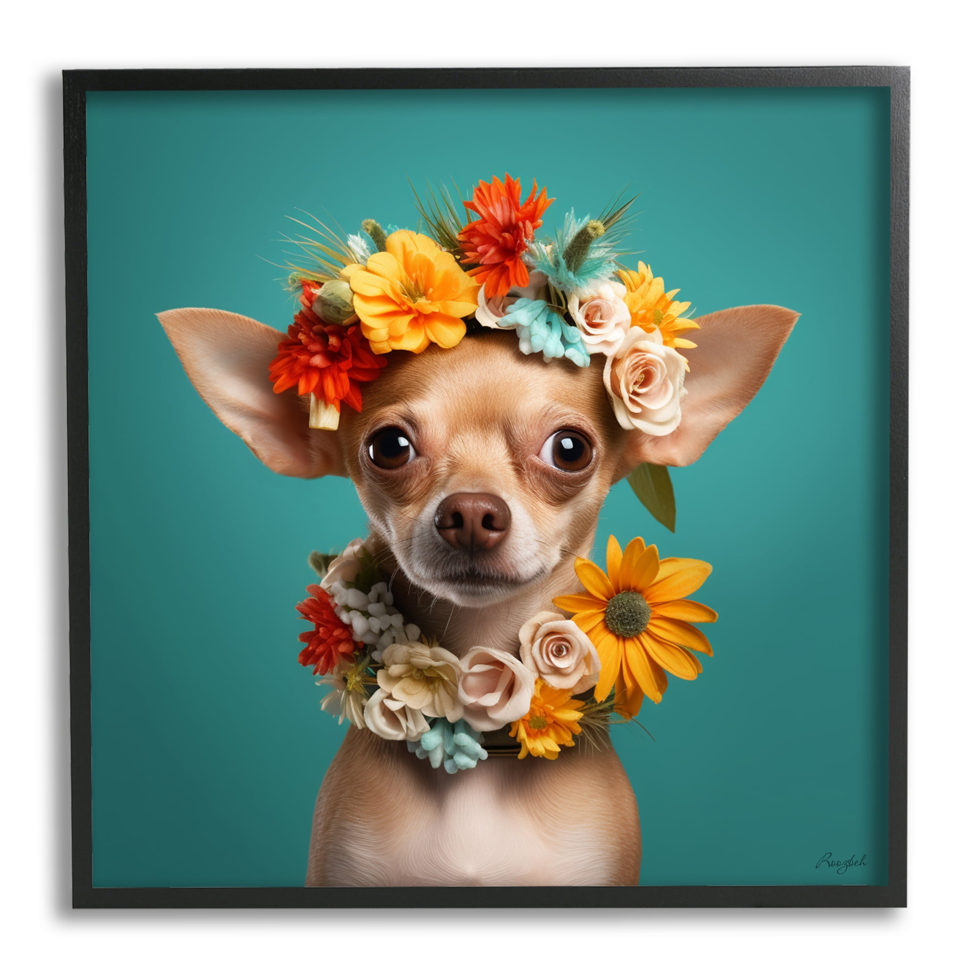 Stupell Industries Floral Chihuahua Portrait Animals & Insects Painting Black Framed Art Print Wall Art, 17 x 17