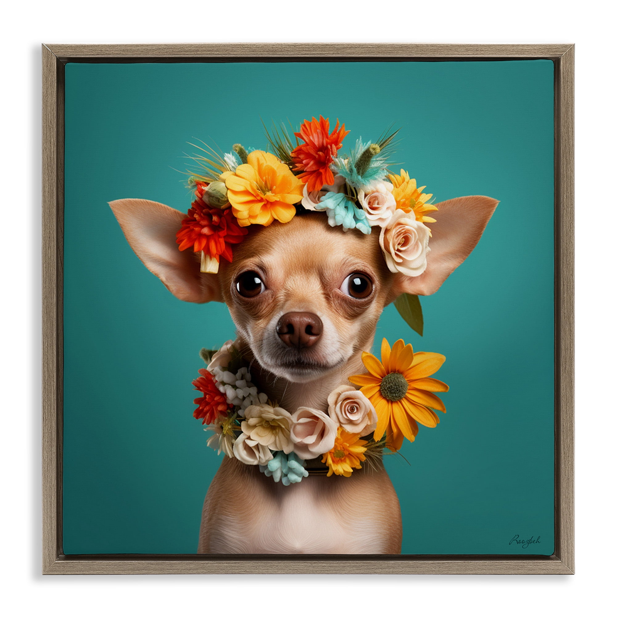 Stupell Industries Floral Chihuahua Portrait Animals & Insects Painting Brown Floater Framed Canvas Art Print Wall Art, 25 x 25