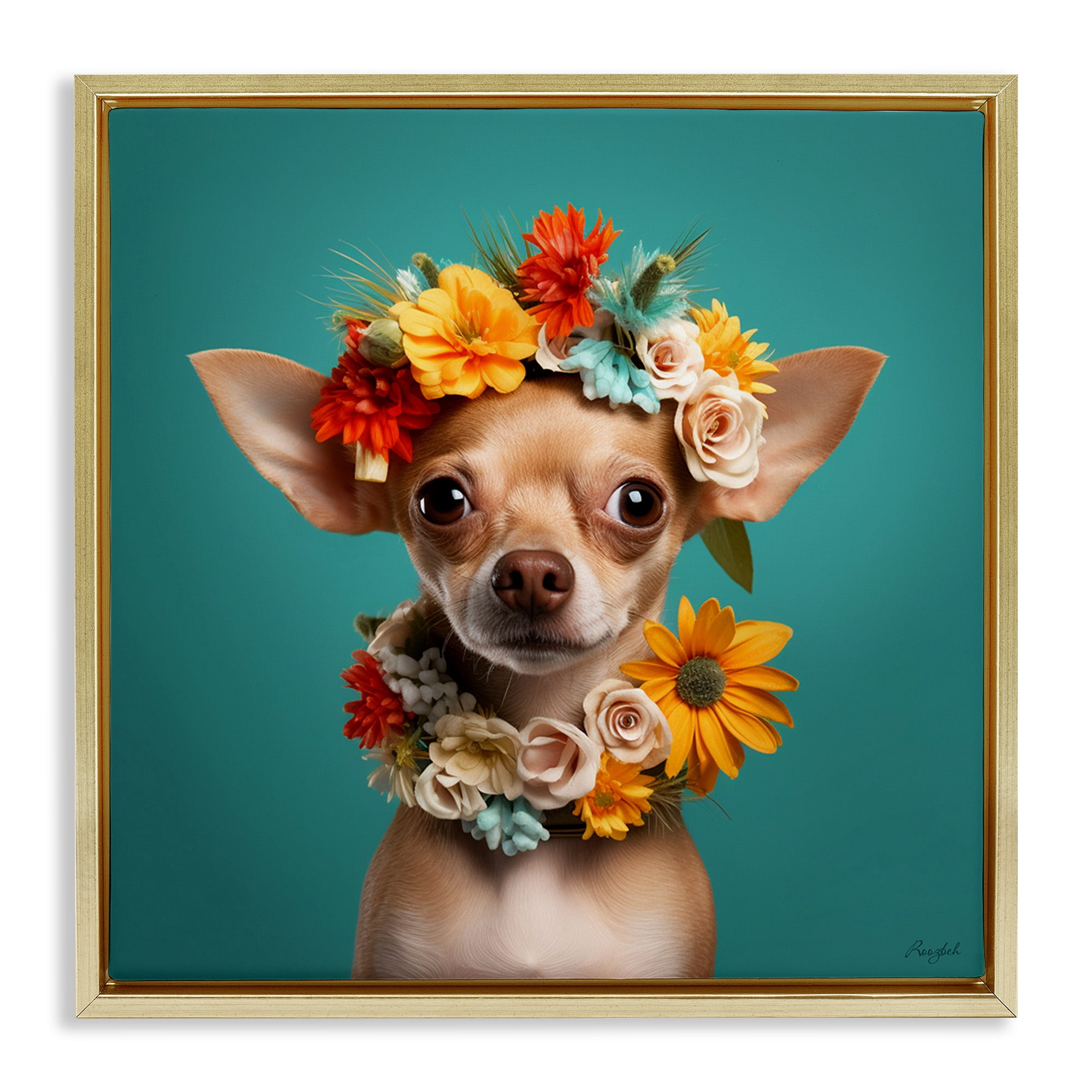 Stupell Industries Floral Chihuahua Portrait Animals & Insects Painting Gold Floater Framed Canvas Art Print Wall Art, 18 x 18