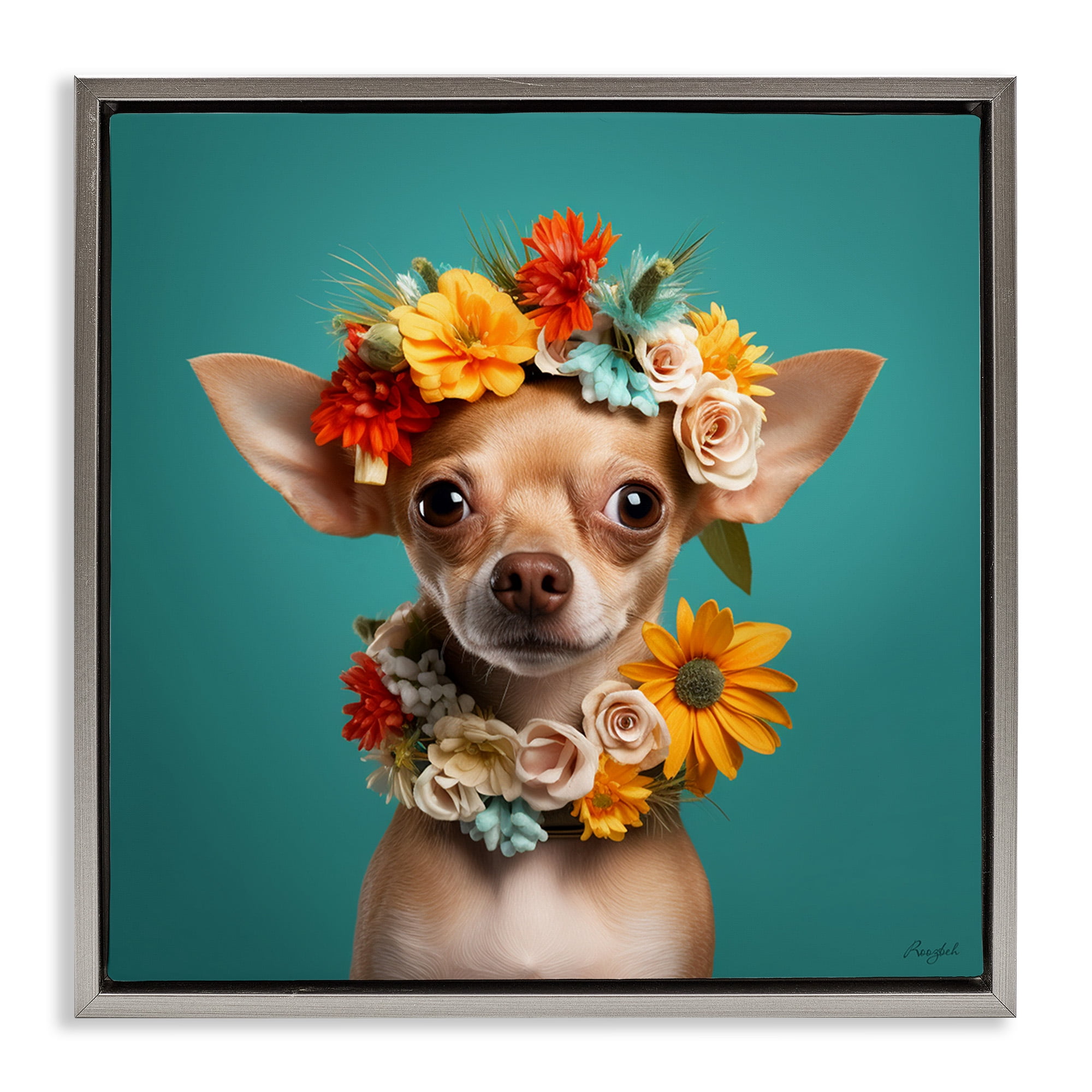 Stupell Industries Floral Chihuahua Portrait Animals & Insects Painting Gray Floater Framed Canvas Art Print Wall Art, 25 x 25