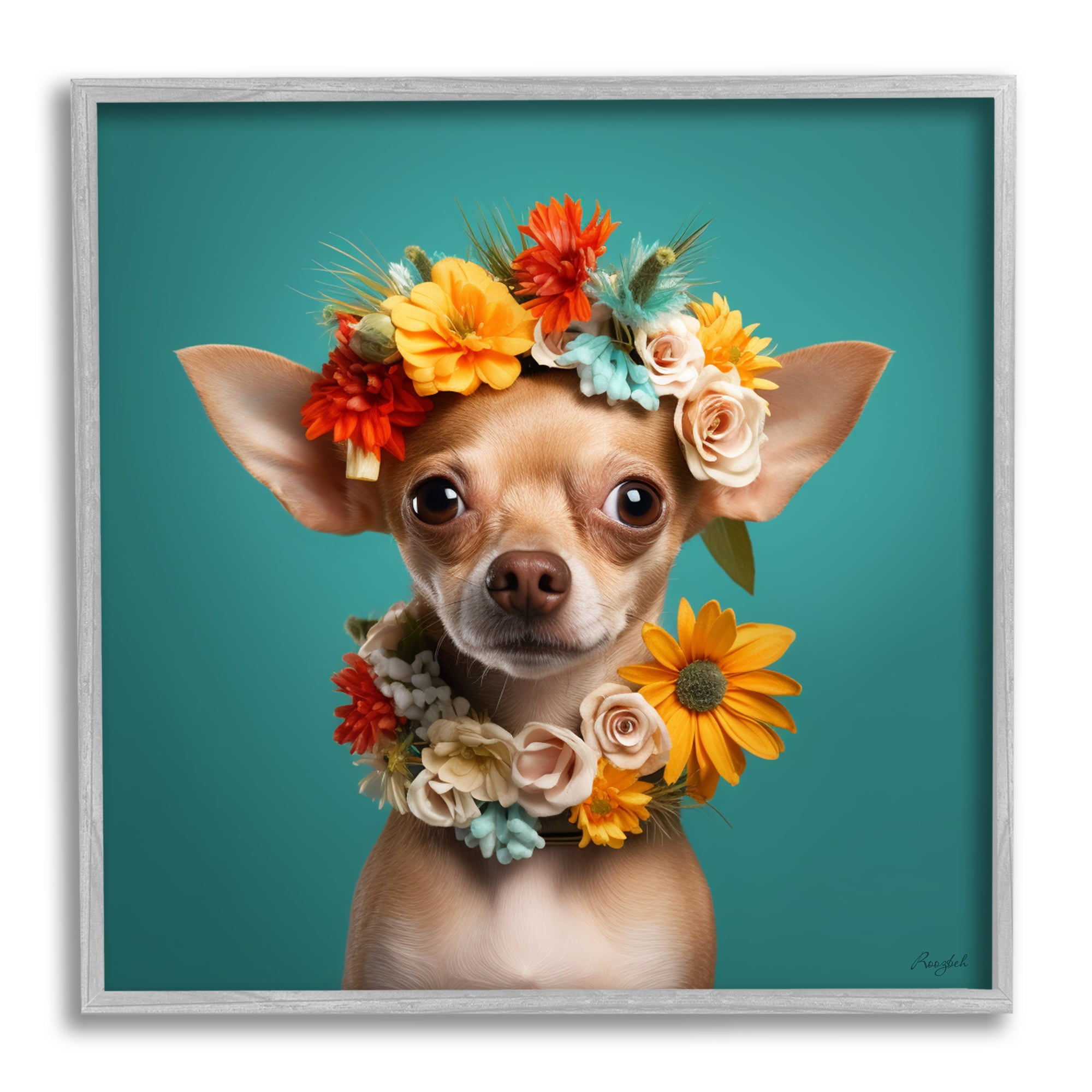 Stupell Industries Floral Chihuahua Portrait Animals & Insects Painting Gray Framed Art Print Wall Art, 12 x 12