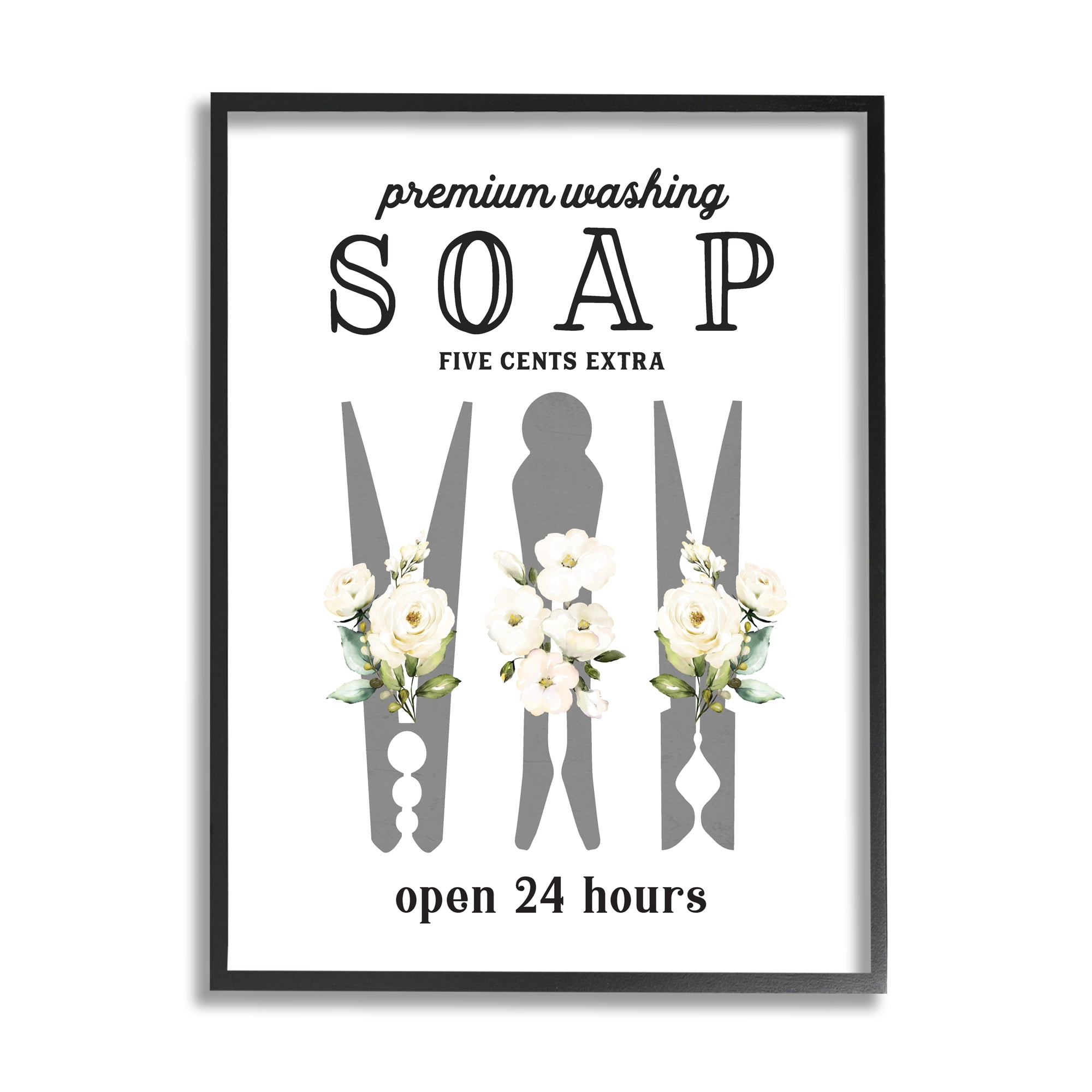 Stupell Industries Floral Clothespin Silhouette Vintage Script Soap Signage Graphic Art Black Framed Art Print Wall Art, Design by Lettered and Lined