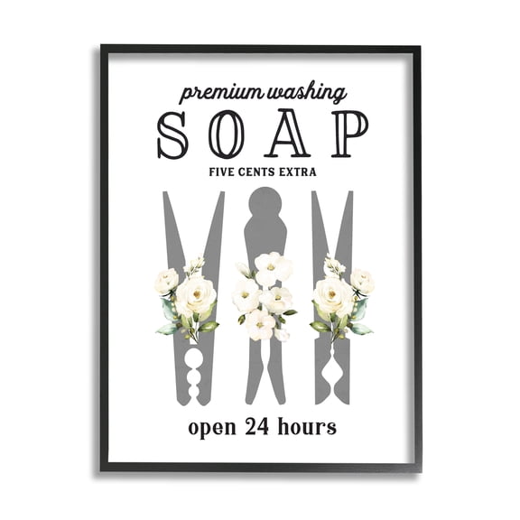 Stupell Industries Floral Clothespin Silhouette Vintage Script Soap Signage Graphic Art Black Framed Art Print Wall Art, Design by Lettered and Lined