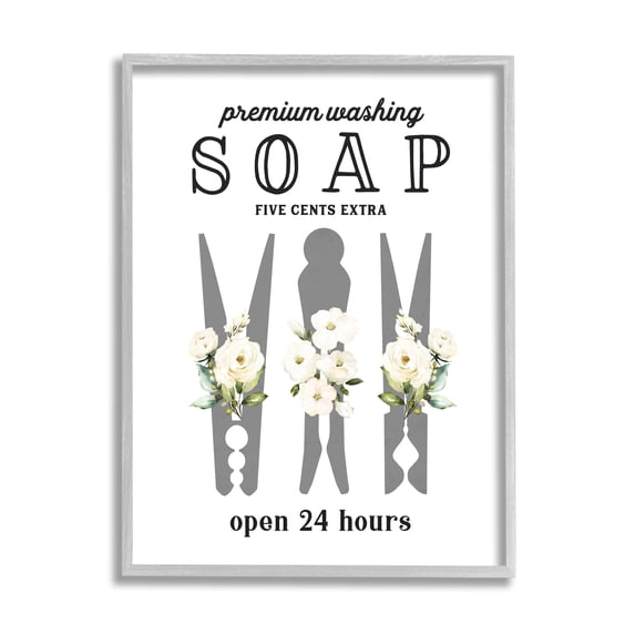 Stupell Industries Floral Clothespin Silhouette Vintage Script Soap Signage Graphic Art Gray Framed Art Print Wall Art, Design by Lettered and Lined
