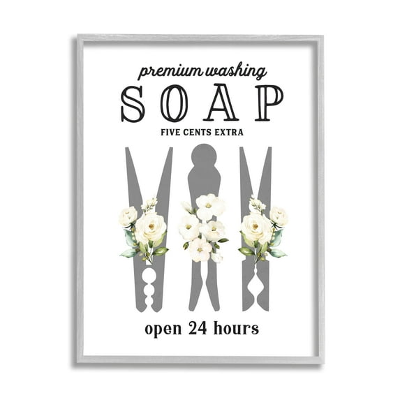 Stupell Industries Floral Clothespin Silhouette Vintage Script Soap Signage Graphic Art Gray Framed Art Print Wall Art, Design by Lettered and Lined