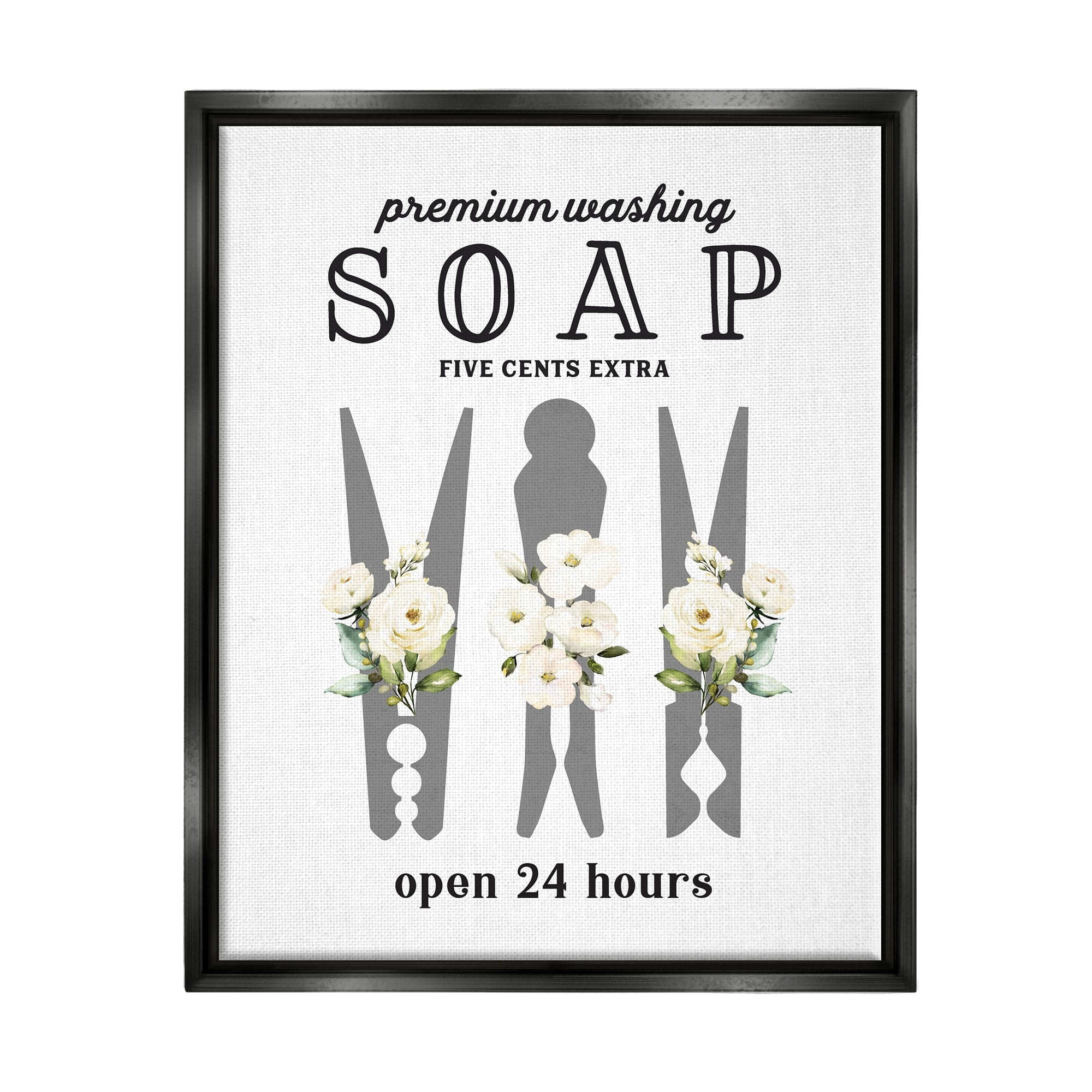 Stupell Industries Floral Clothespin Silhouette Vintage Script Soap Signage Graphic Art Jet Black Floating Framed Canvas Print Wall Art, Design by Lettered and Lined