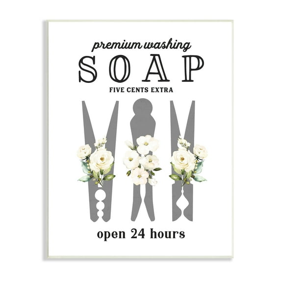 Stupell Industries Floral Clothespin Silhouette Vintage Script Soap Signage Graphic Art Unframed Art Print Wall Art, Design by Lettered and Lined