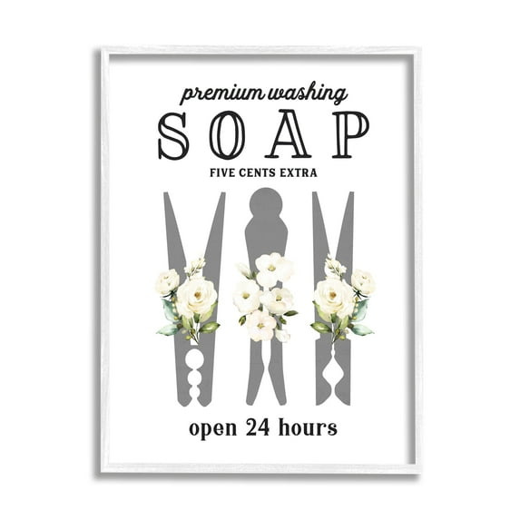 Stupell Industries Floral Clothespin Silhouette Vintage Script Soap Signage Graphic Art White Framed Art Print Wall Art, Design by Lettered and Lined