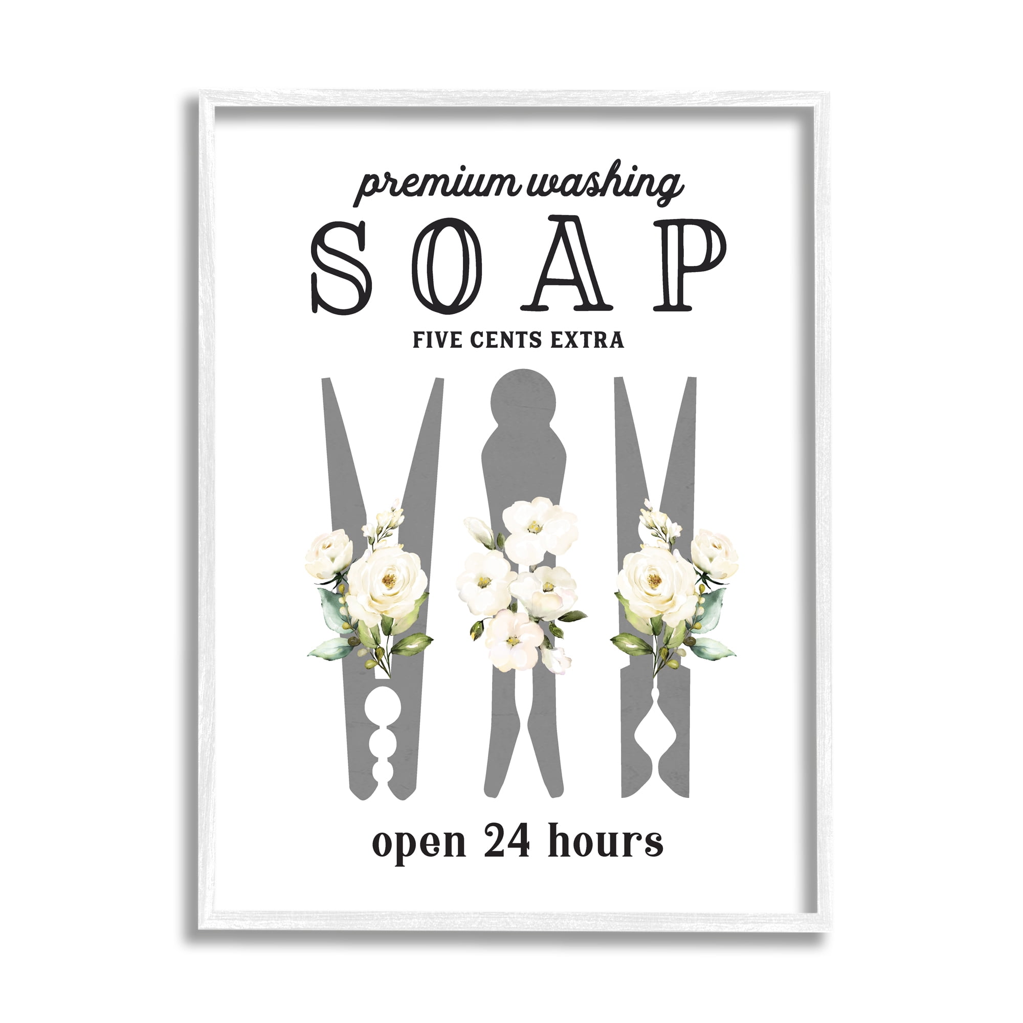 Stupell Industries Floral Clothespin Silhouette Vintage Script Soap Signage Graphic Art White Framed Art Print Wall Art, Design by Lettered and Lined