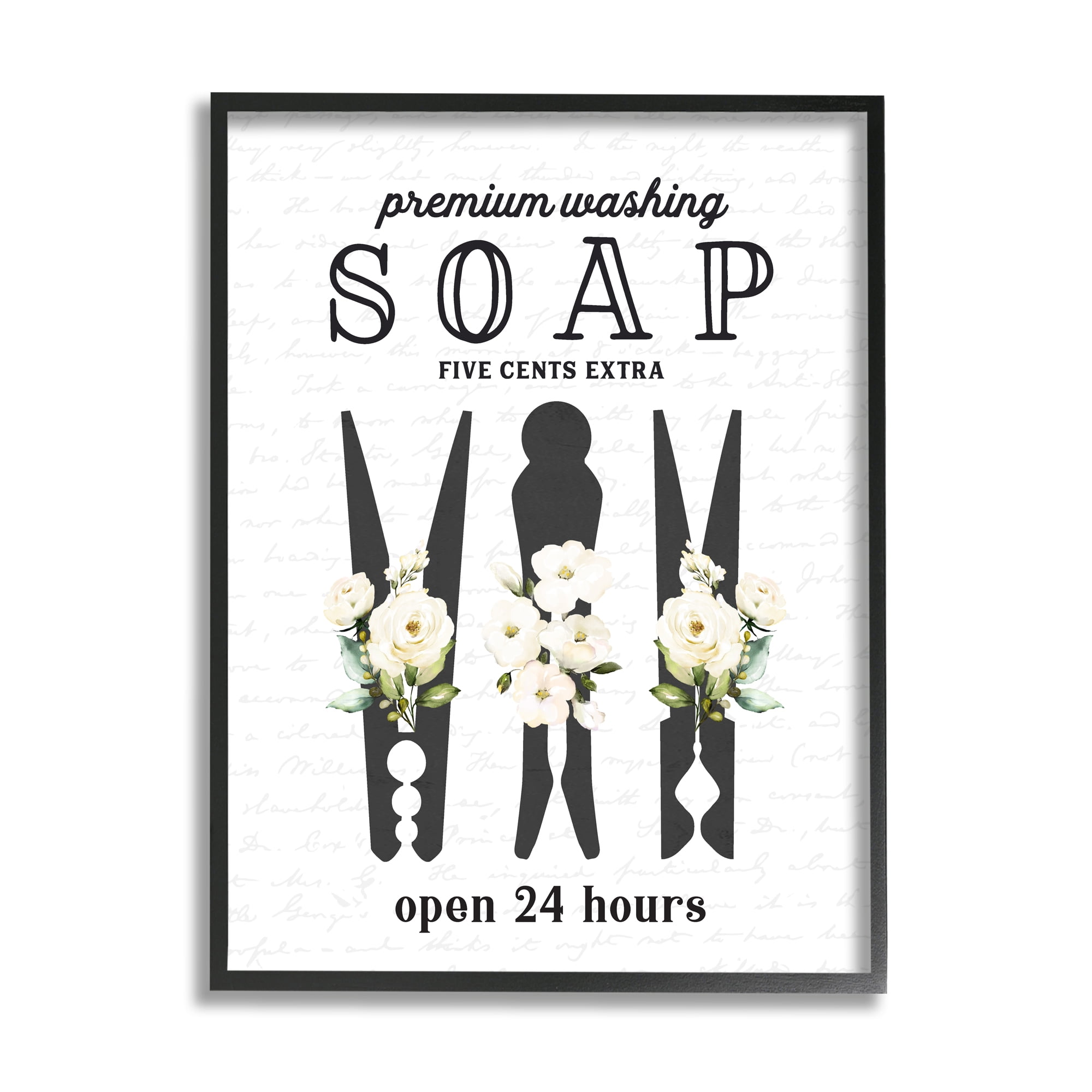 Black Framed Floral Clothespin Silhouettes Laundry Room Wall Art