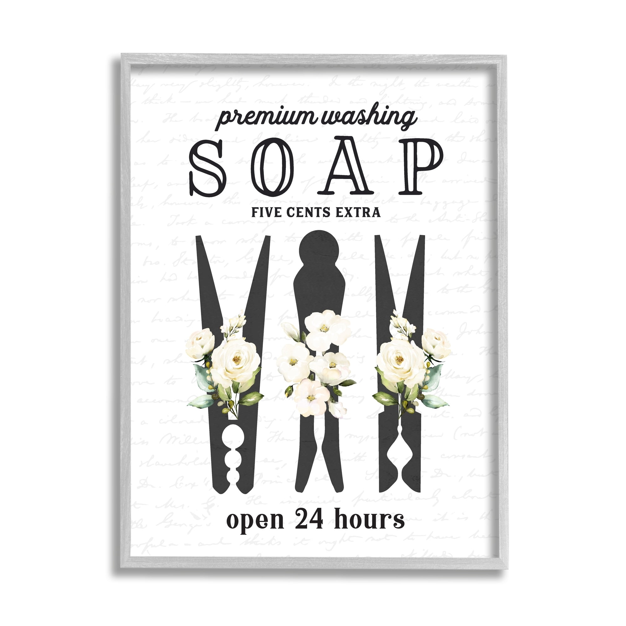 Stupell Industries Floral Clothespin Silhouettes Laundry Room Script Sign Graphic Art Gray Framed Art Print Wall Art, Design by Lettered and Lined