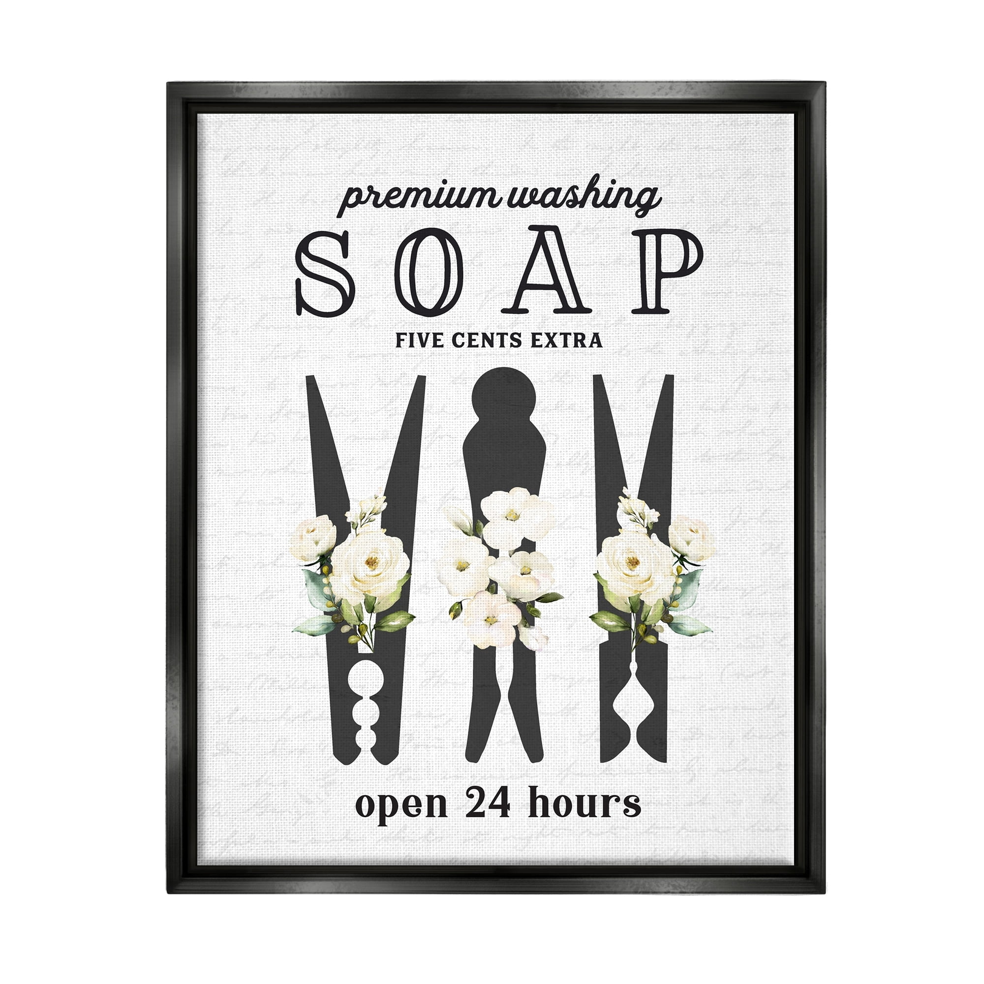 Stupell Industries Floral Clothespin Silhouettes Laundry Room Script Sign Graphic Art Jet Black Floating Framed Canvas Print Wall Art, Design by Lettered and Lined