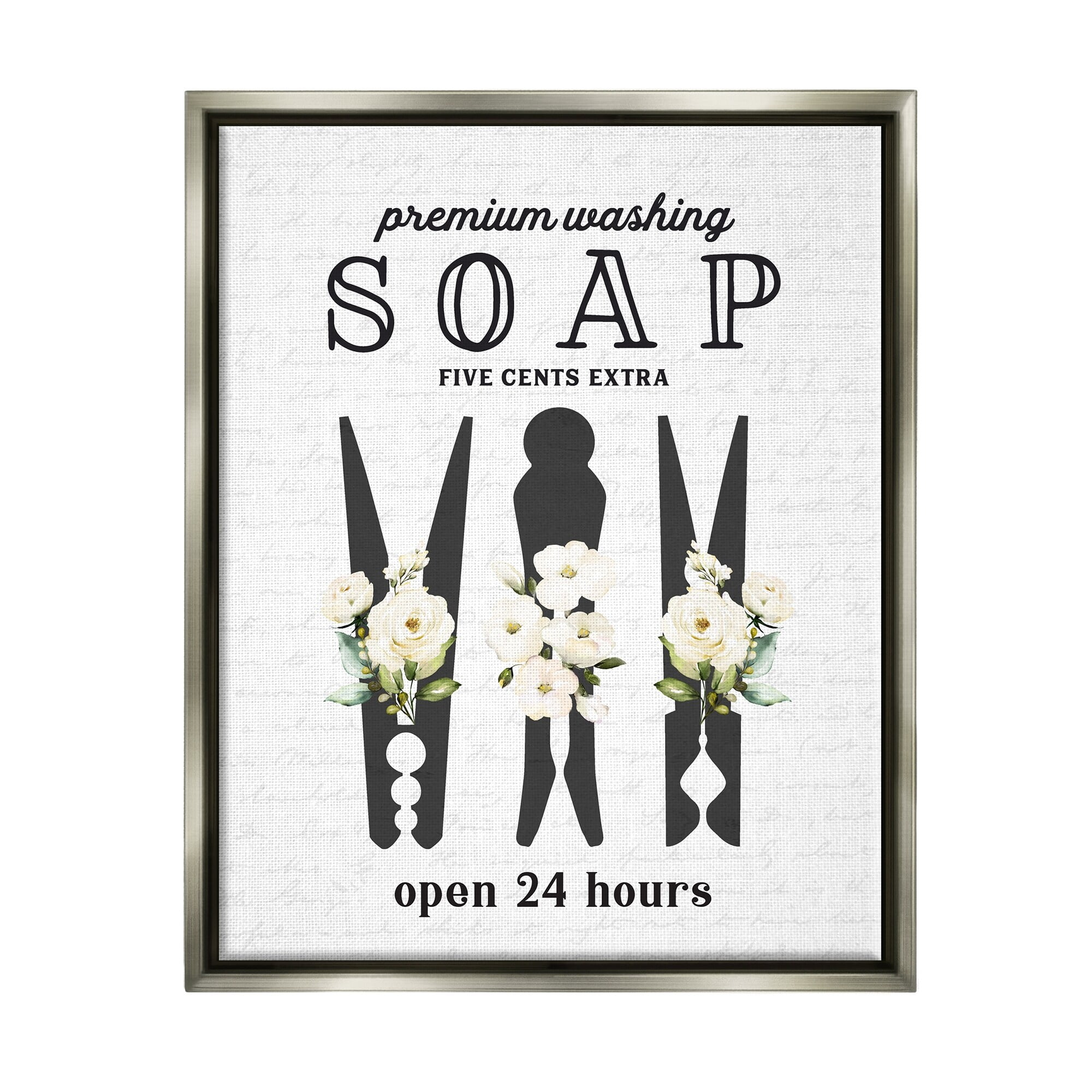 Stupell Industries Floral Clothespin Silhouettes Laundry Room Script Sign Graphic Art Luster Gray Floating Framed Canvas Print Wall Art, Design by Lettered and Lined