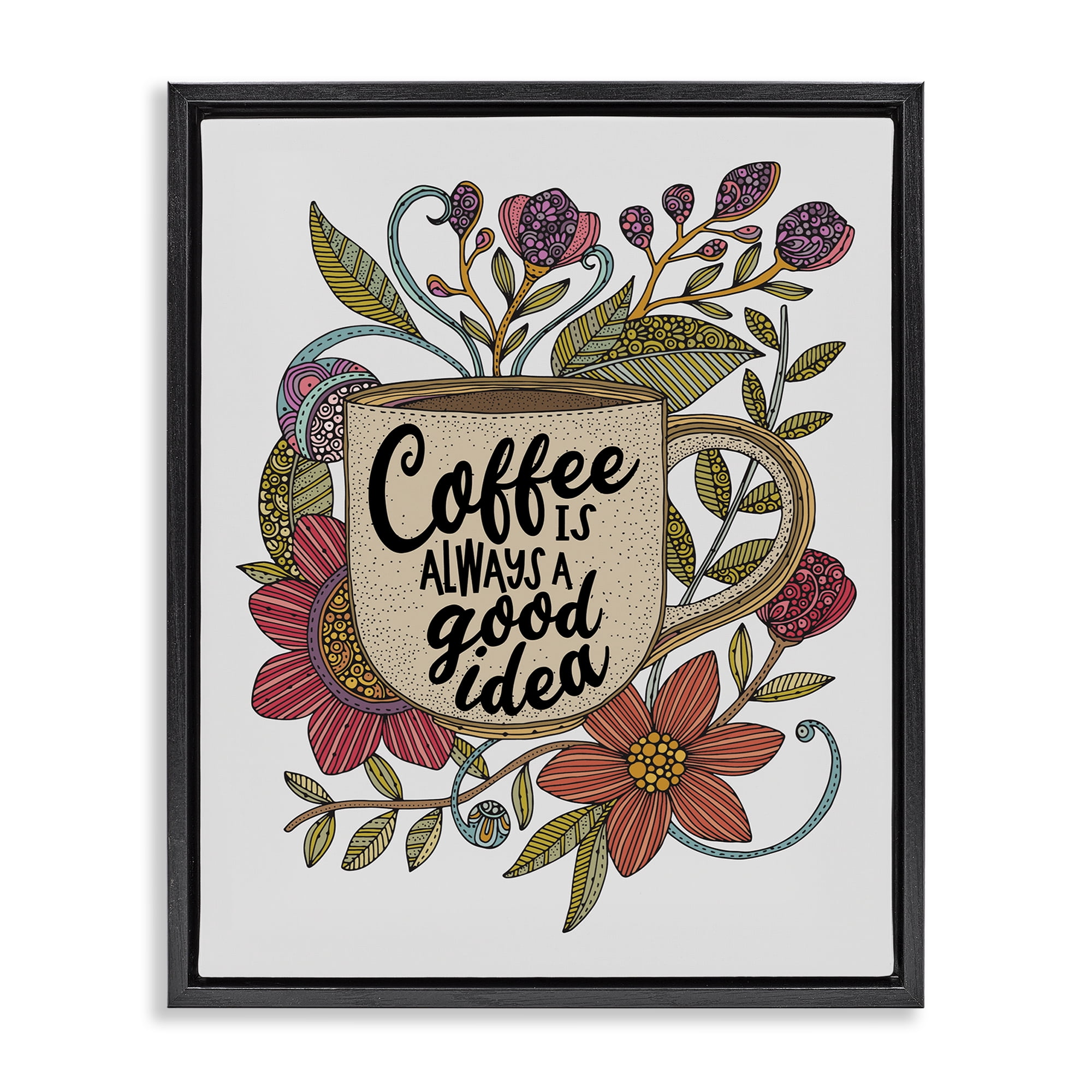 Stupell Industries Floral Coffee Good Idea Food & Beverage Painting Black Floater Framed Art Print Wall Art, 17 x 21