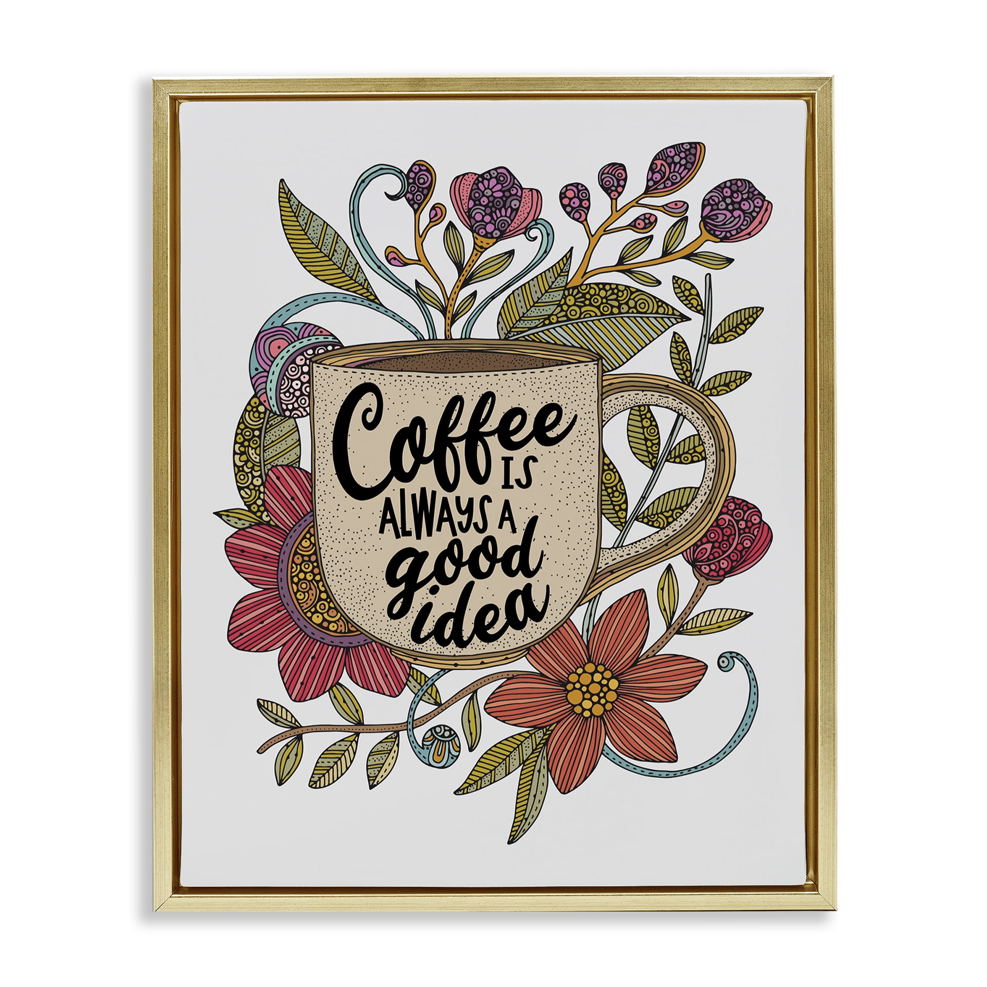 Stupell Industries Floral Coffee Good Idea Food & Beverage Painting Gold Floater Framed Art Print Wall Art, 17 x 21