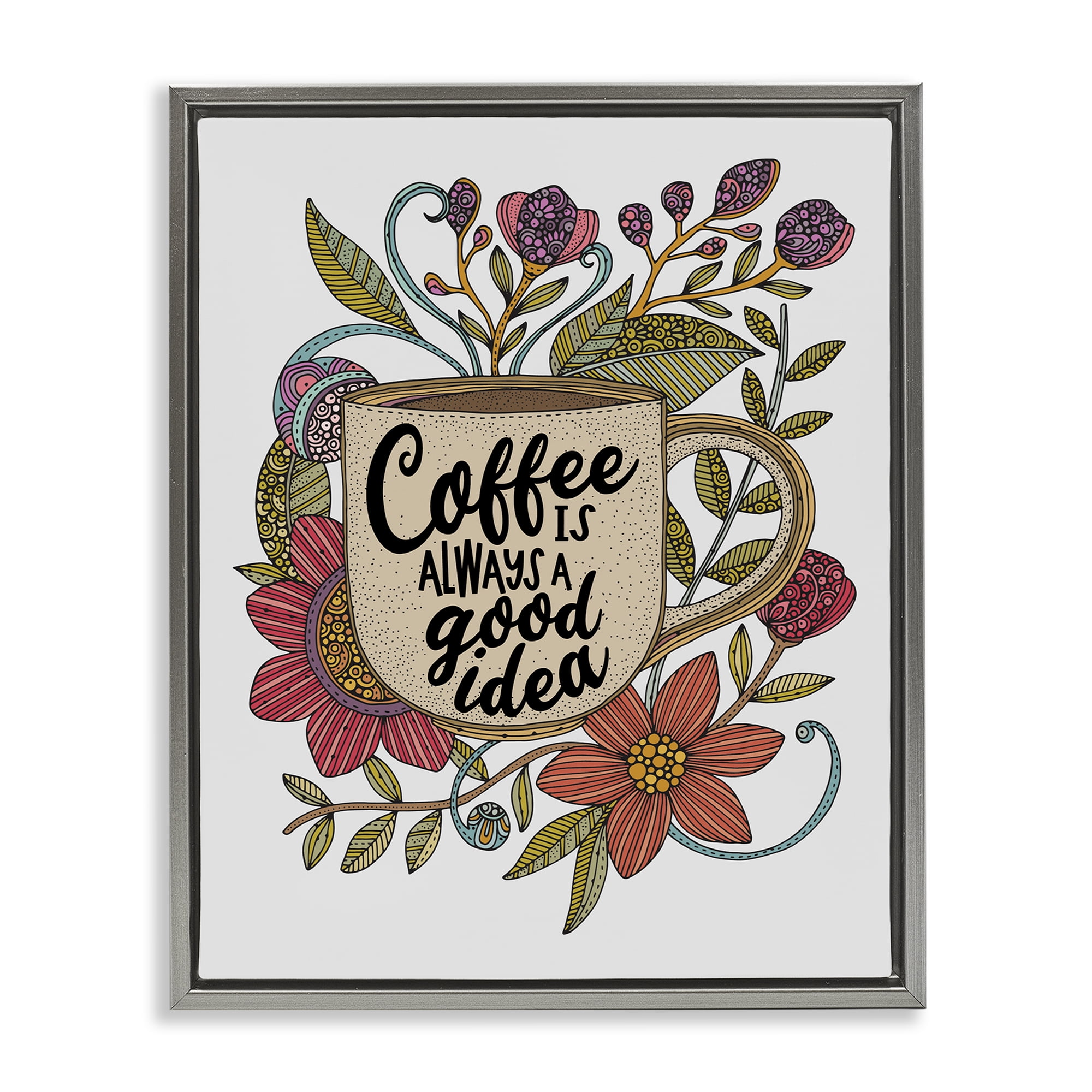Stupell Industries Floral Coffee Good Idea Food & Beverage Painting Gray Floater Framed Art Print Wall Art, 17 x 21