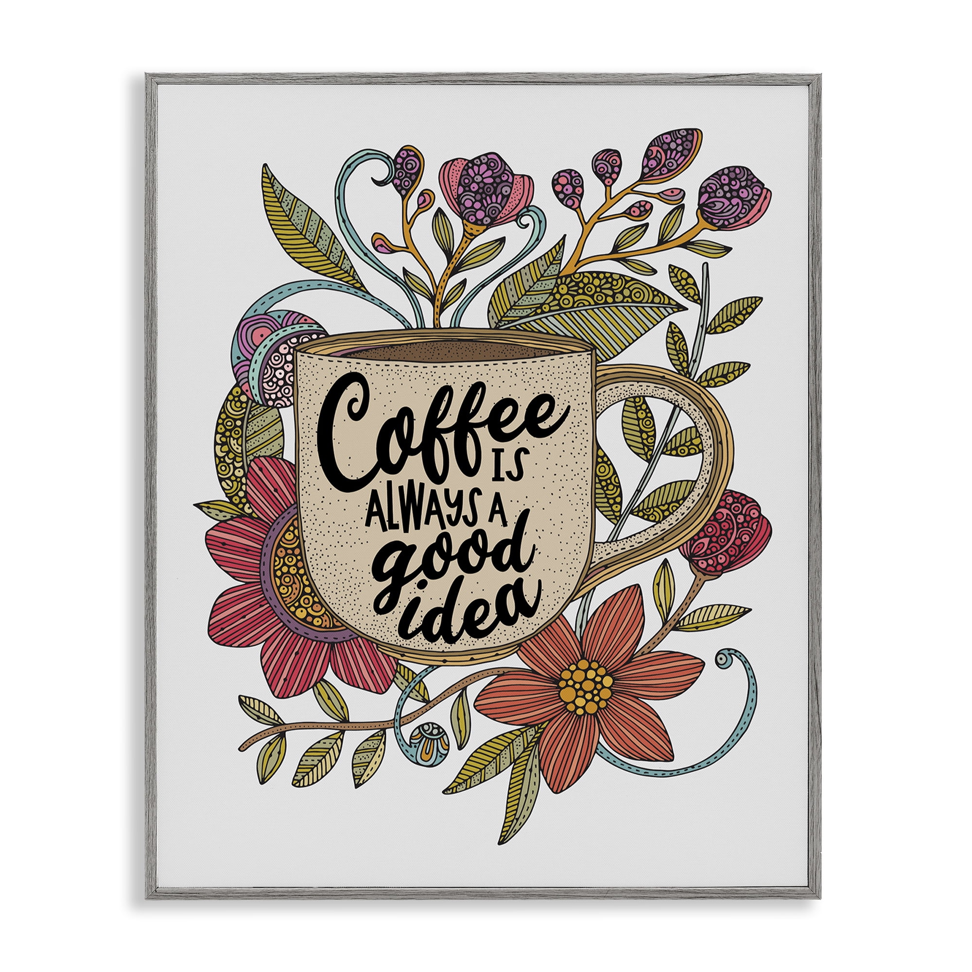 Stupell Industries Floral Coffee Good Idea Food & Beverage Painting Gray Framed Art Print Wall Art, 11 x 14