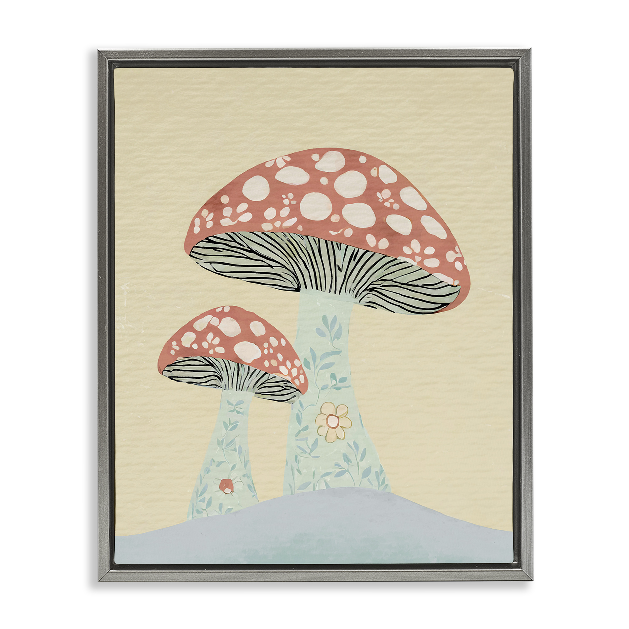 Stupell Industries Floral Collaged Mushrooms Botanical & Floral Painting Gray Floater Framed Art Print Wall Art, 25 x 31