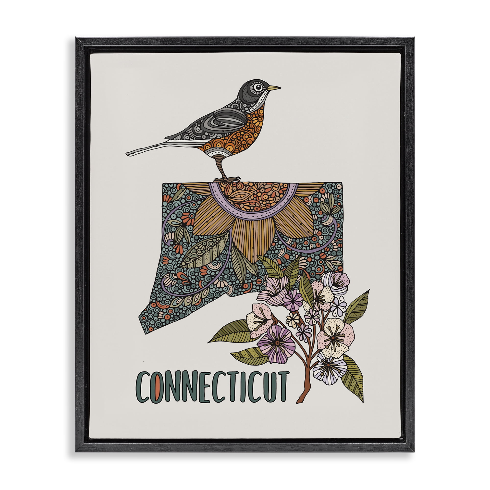 Stupell Industries Floral Connecticut State Botanical & Floral Painting Black Floater Framed Art Print Wall Art, 25 x 31