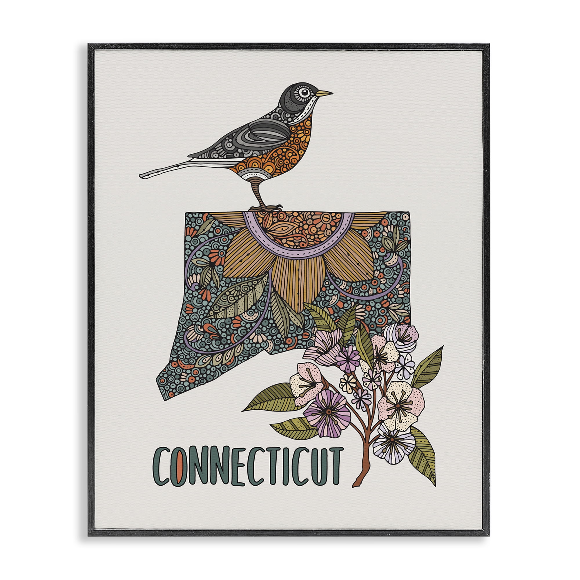 Stupell Industries Floral Connecticut State Botanical & Floral Painting Black Framed Art Print Wall Art, 24 x 30