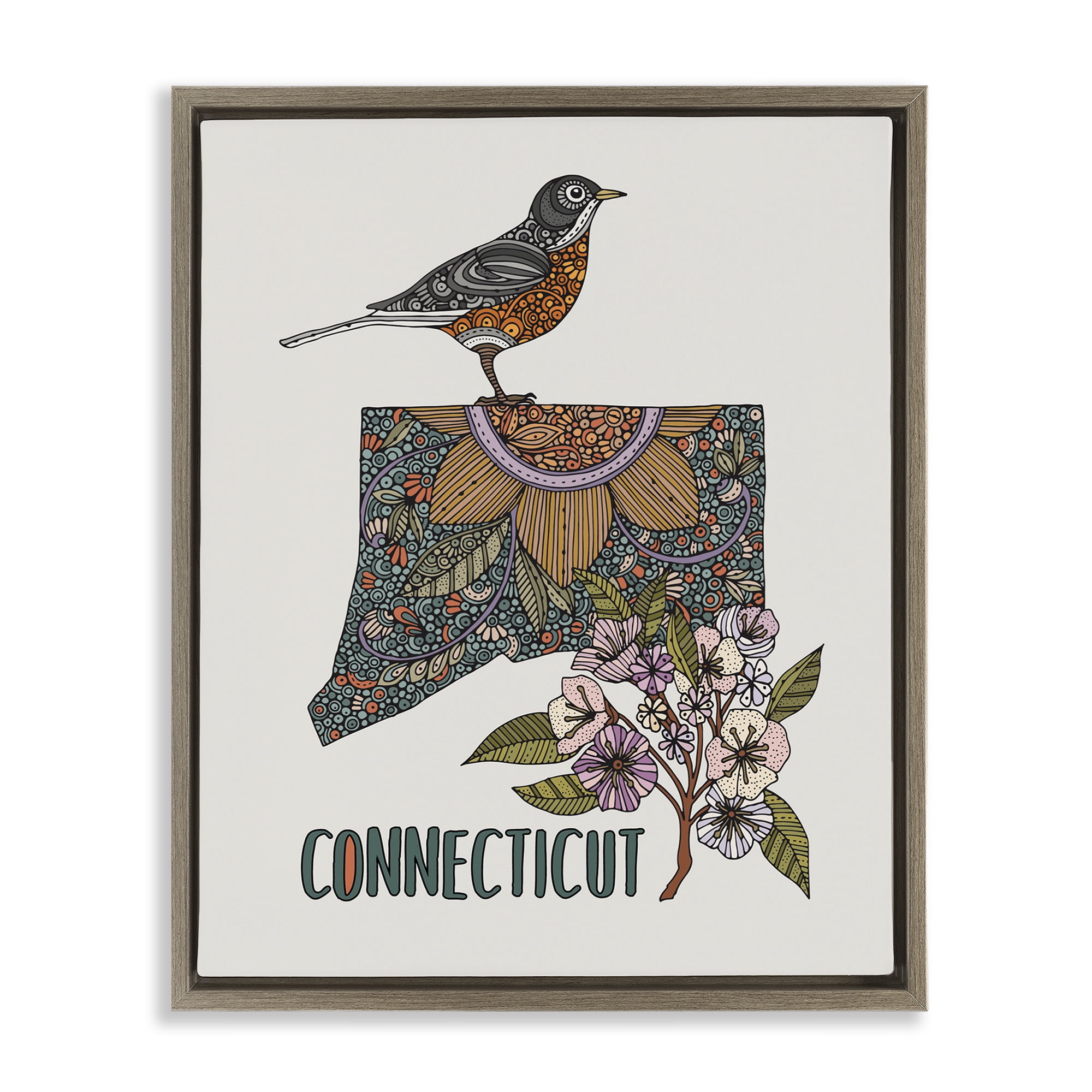 Stupell Industries Floral Connecticut State Botanical & Floral Painting Brown Floater Framed Art Print Wall Art, 25 x 31