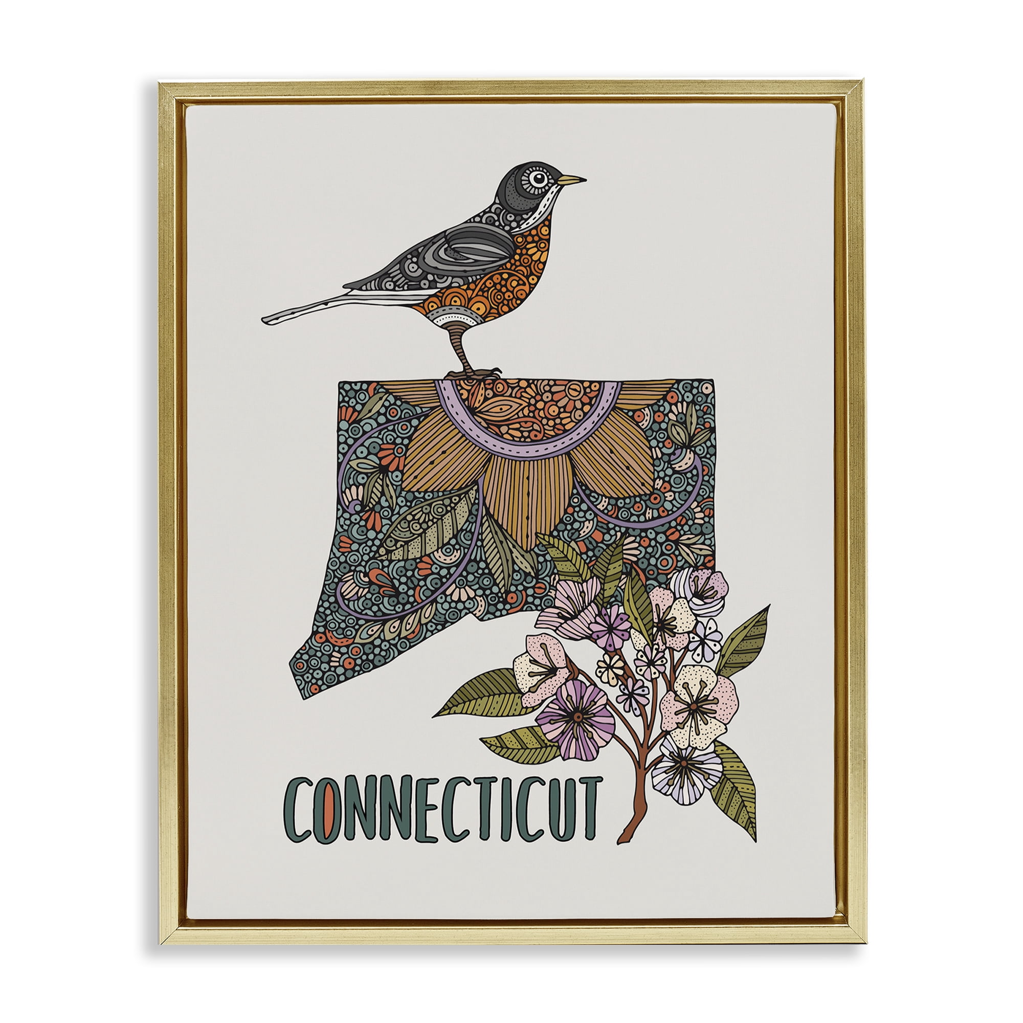 Stupell Industries Floral Connecticut State Botanical & Floral Painting Gold Floater Framed Art Print Wall Art, 25 x 31