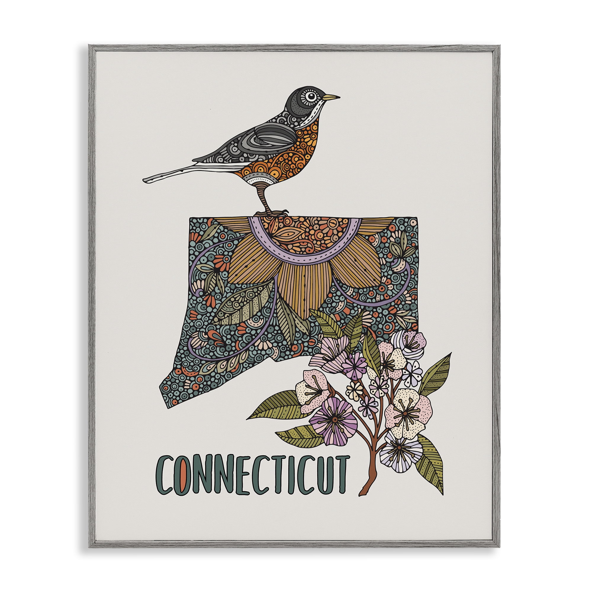 Stupell Industries Floral Connecticut State Botanical & Floral Painting Gray Framed Art Print Wall Art, 24 x 30