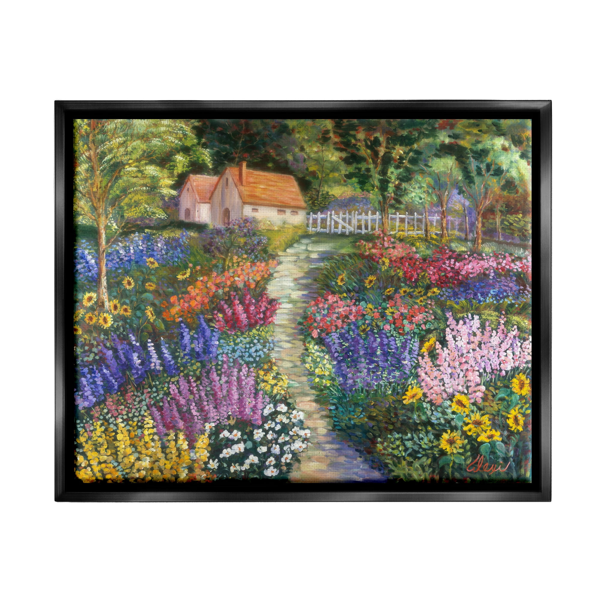 Stupell Industries Floral Cottage Gardens Landscape Painting Black Floater Framed Canvas Art Print Wall Art, 21 x 17