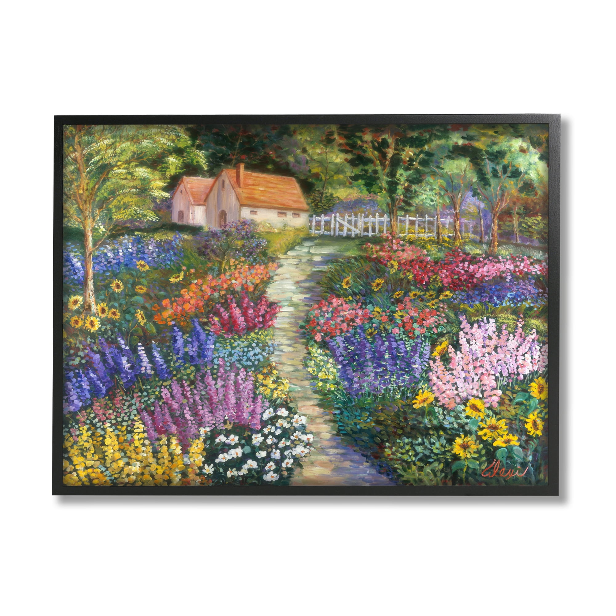 Stupell Industries Floral Cottage Gardens Landscape Painting Black Framed Art Print Wall Art, 20 x 16