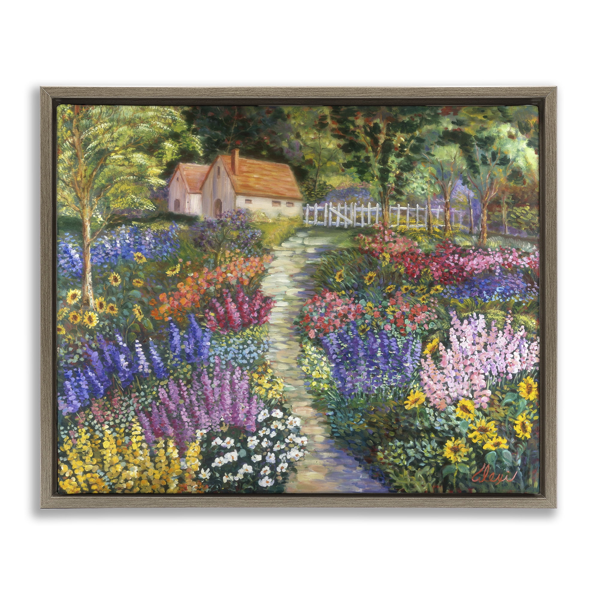 Stupell Industries Floral Cottage Gardens Landscape Painting Brown Floater Framed Canvas Art Print Wall Art, 31 x 25