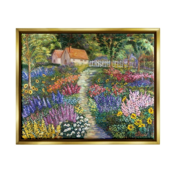 Stupell Industries Floral Cottage Gardens Landscape Painting Gold Floater Framed Canvas Art Print Wall Art, 31 x 25