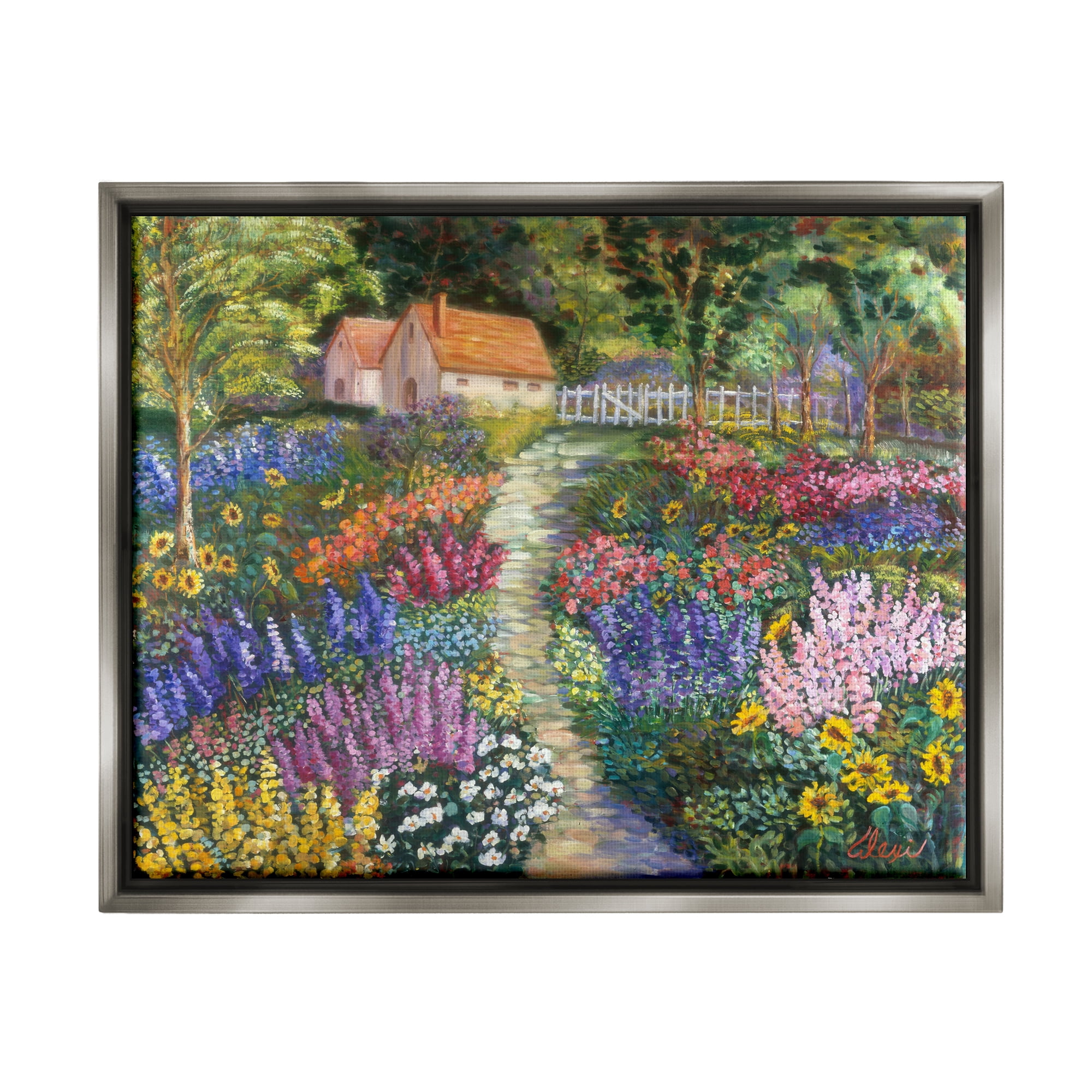 Stupell Industries Floral Cottage Gardens Landscape Painting Gray Floater Framed Canvas Art Print Wall Art, 21 x 17
