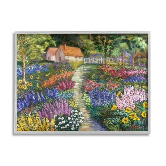 Stupell Industries Floral Cottage Gardens Landscape Painting Gray Framed Art Print Wall Art, 14 x 11