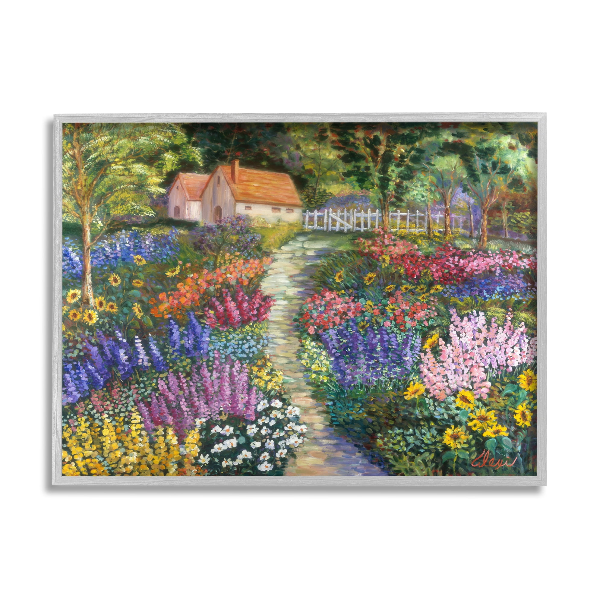 Stupell Industries Floral Cottage Gardens Landscape Painting Gray Framed Art Print Wall Art, 30 x 24