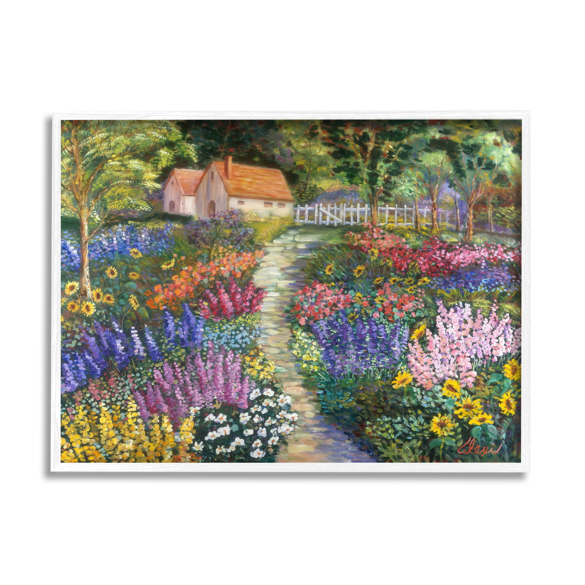 Stupell Industries Floral Cottage Gardens Landscape Painting White Framed Art Print Wall Art, 20 x 16