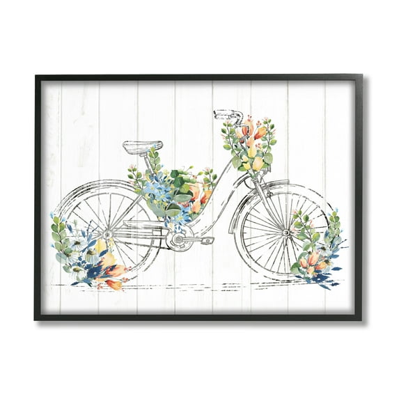 Stupell Industries Floral Country Bicycle Transportation Painting Black Framed Art Print Wall Art, 20 x 16