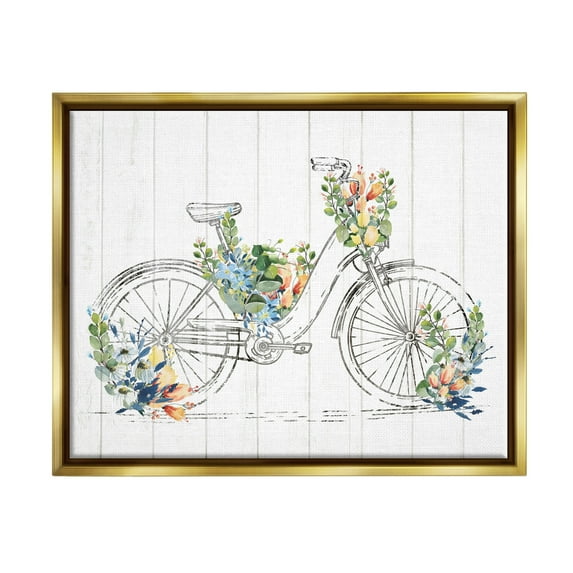 Stupell Industries Floral Country Bicycle Transportation Painting Gold Floater Framed Canvas Art Print Wall Art, 21 x 17