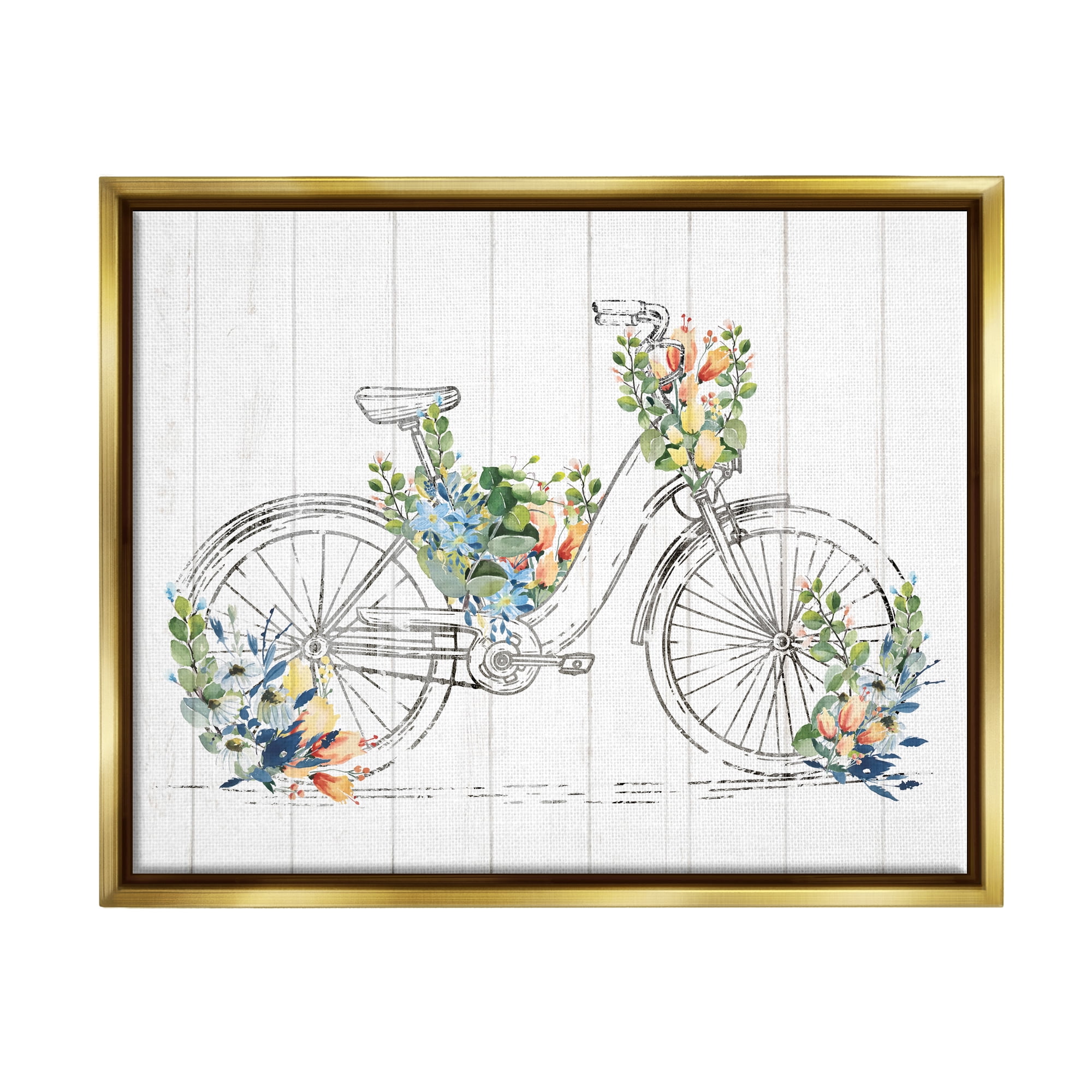 Stupell Industries Floral Country Bicycle Transportation Painting Gold Floater Framed Canvas Art Print Wall Art, 31 x 25