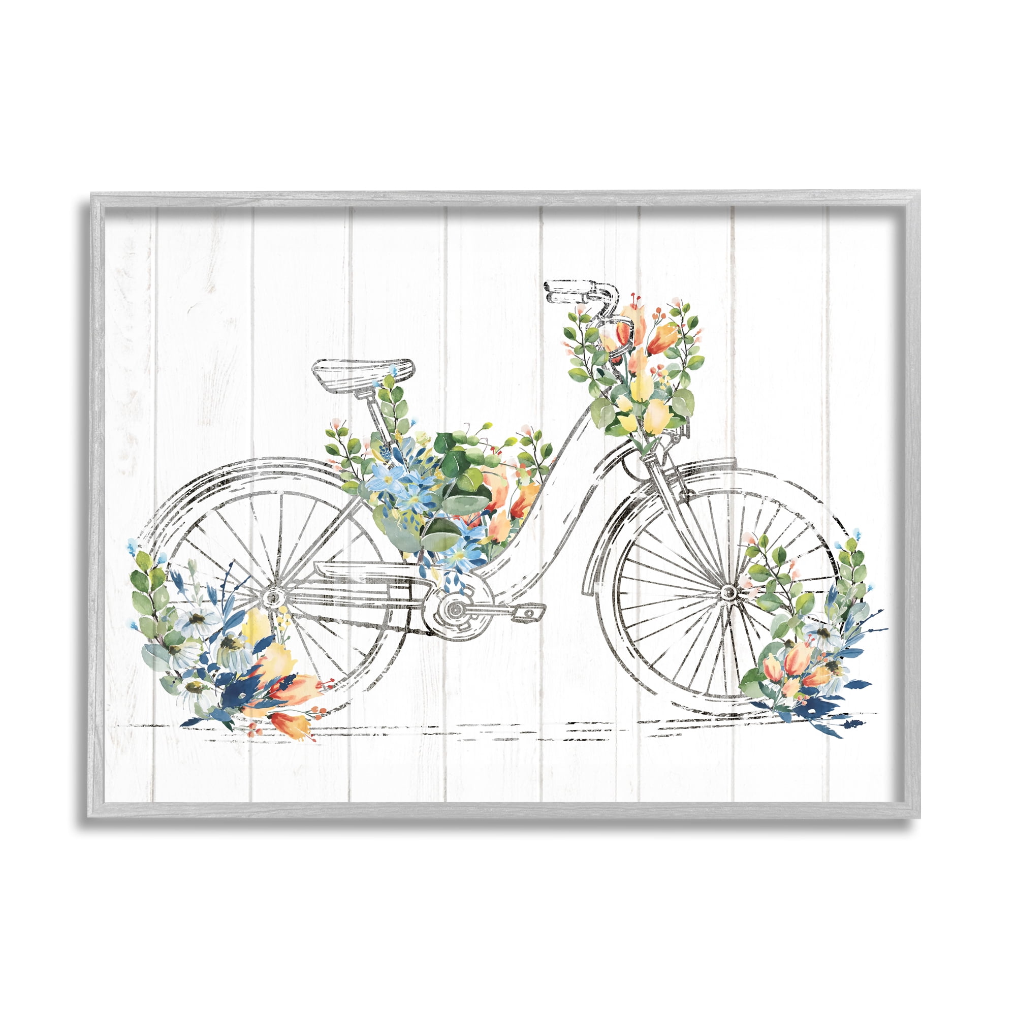 Stupell Industries Floral Country Bicycle Transportation Painting Gray Framed Art Print Wall Art, 30 x 24