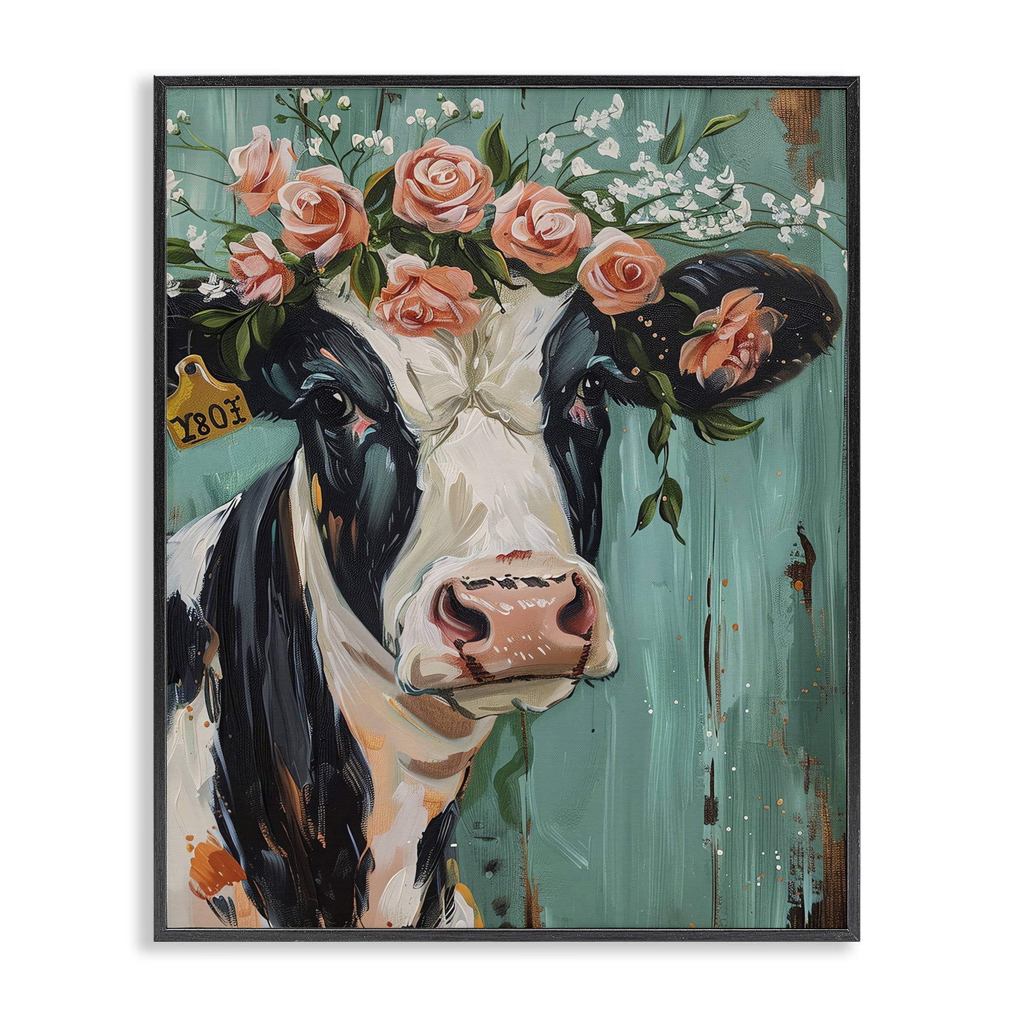 Stupell Industries Floral Cow on teal Animals Painting Black Framed Art Print Wall Art, 16 x 20