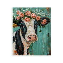 Stupell Industries Floral Cow on teal Animals Painting Unframed Art Print Wall Art, 11 x 14