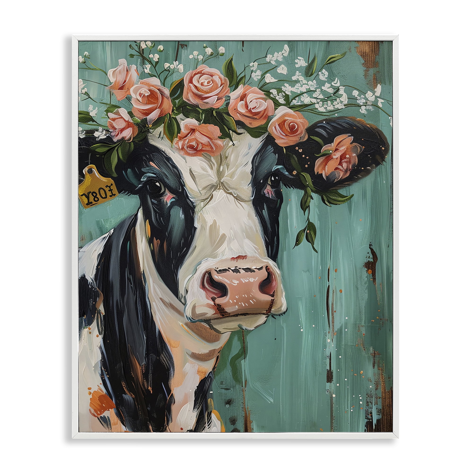 Stupell Industries Floral Cow on teal Animals Painting White Framed Art Print Wall Art, 16 x 20