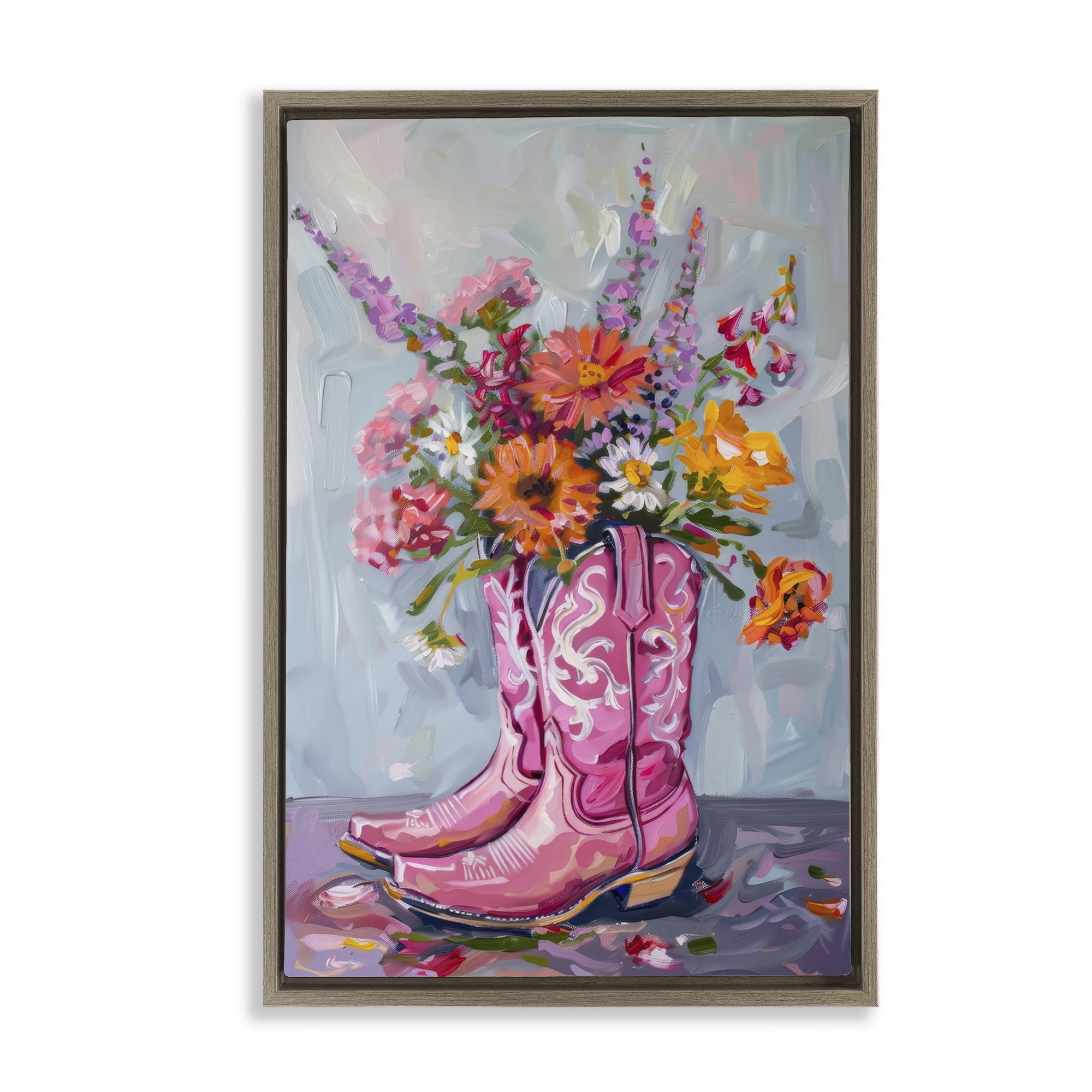 Stupell Industries Floral Cowboy Boots Plants & Flowers Painting Brown Floater Framed Canvas Art Print Wall Art, 21 x 31