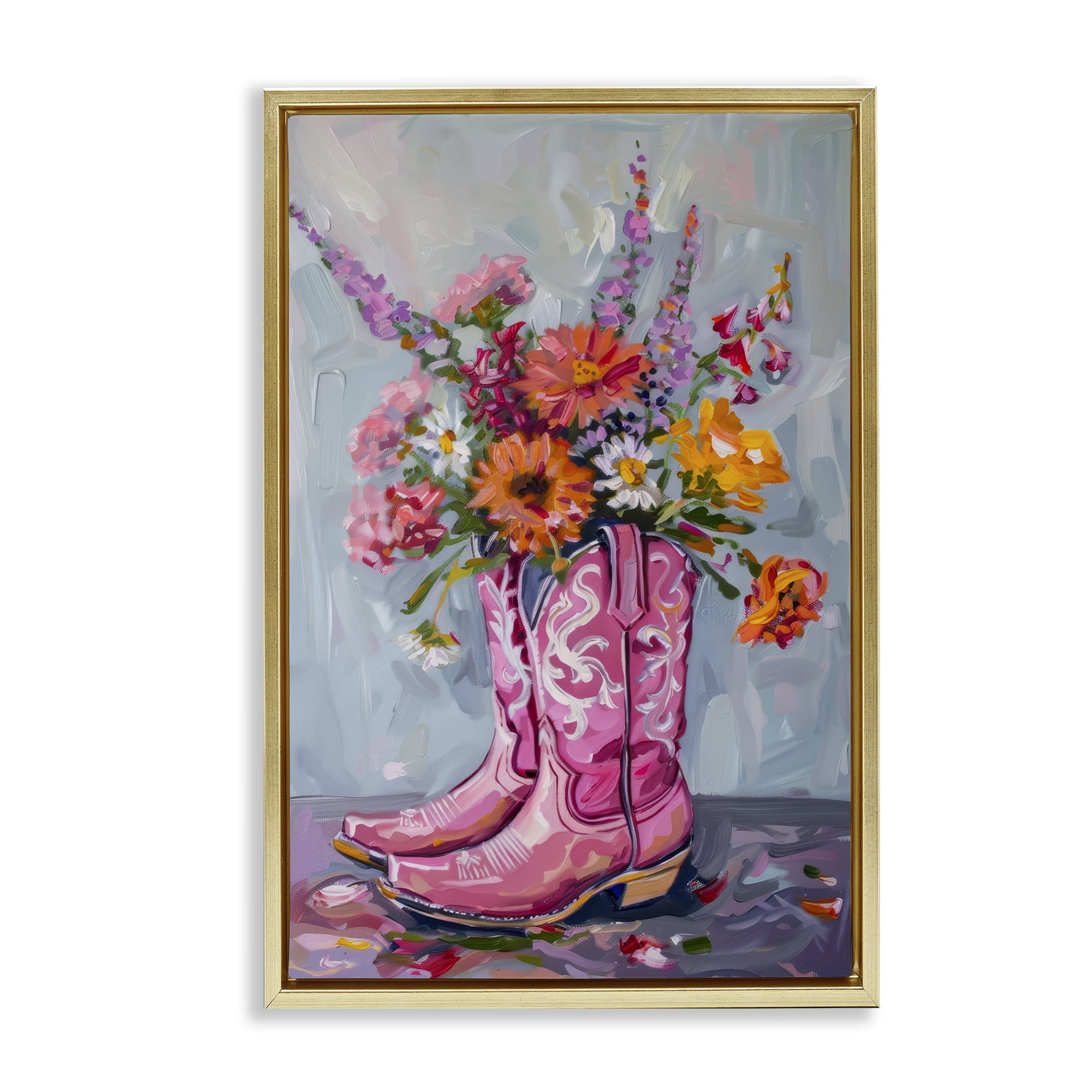 Stupell Industries Floral Cowboy Boots Plants & Flowers Painting Gold Floater Framed Canvas Art Print Wall Art, 21 x 31