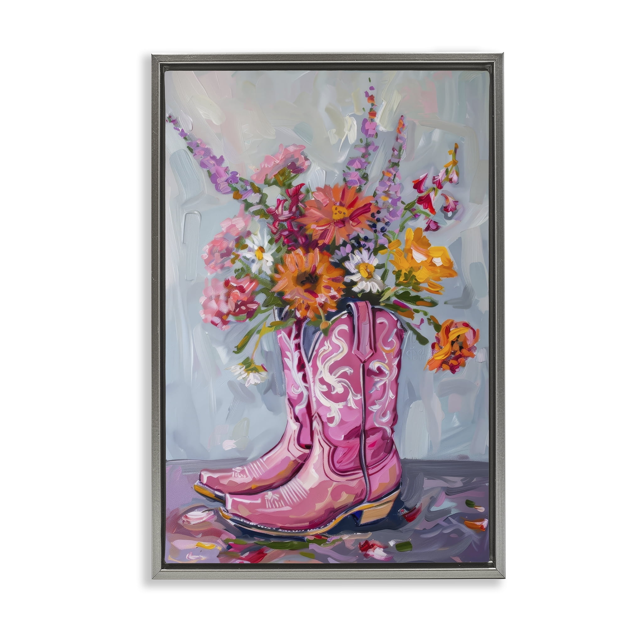 Stupell Industries Floral Cowboy Boots Plants & Flowers Painting Gray Floater Framed Canvas Art Print Wall Art, 21 x 31