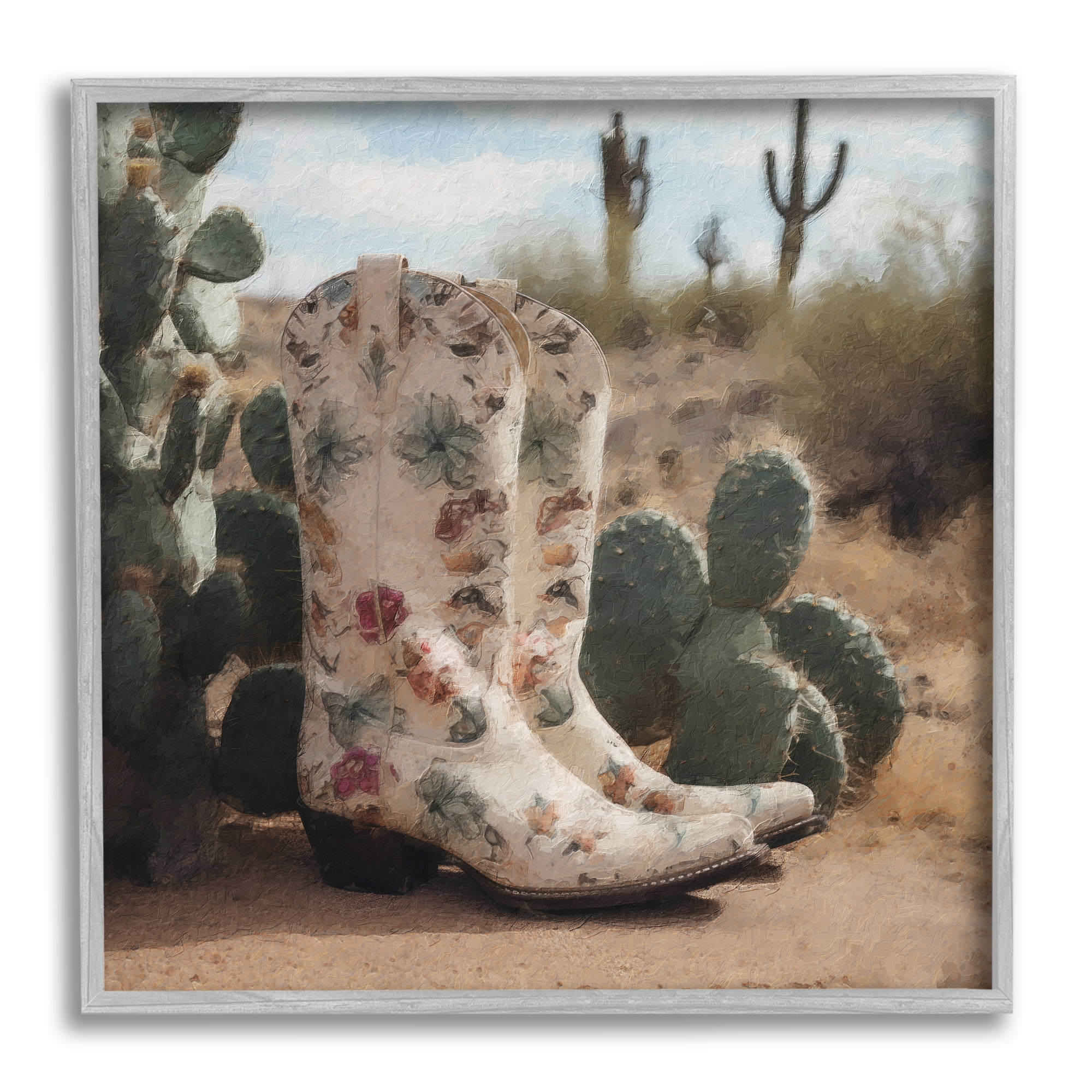 Stupell Industries Floral Cowgirl Boots Beauty & Fashion Painting Gray Framed Art Print Wall Art, 12 x 12