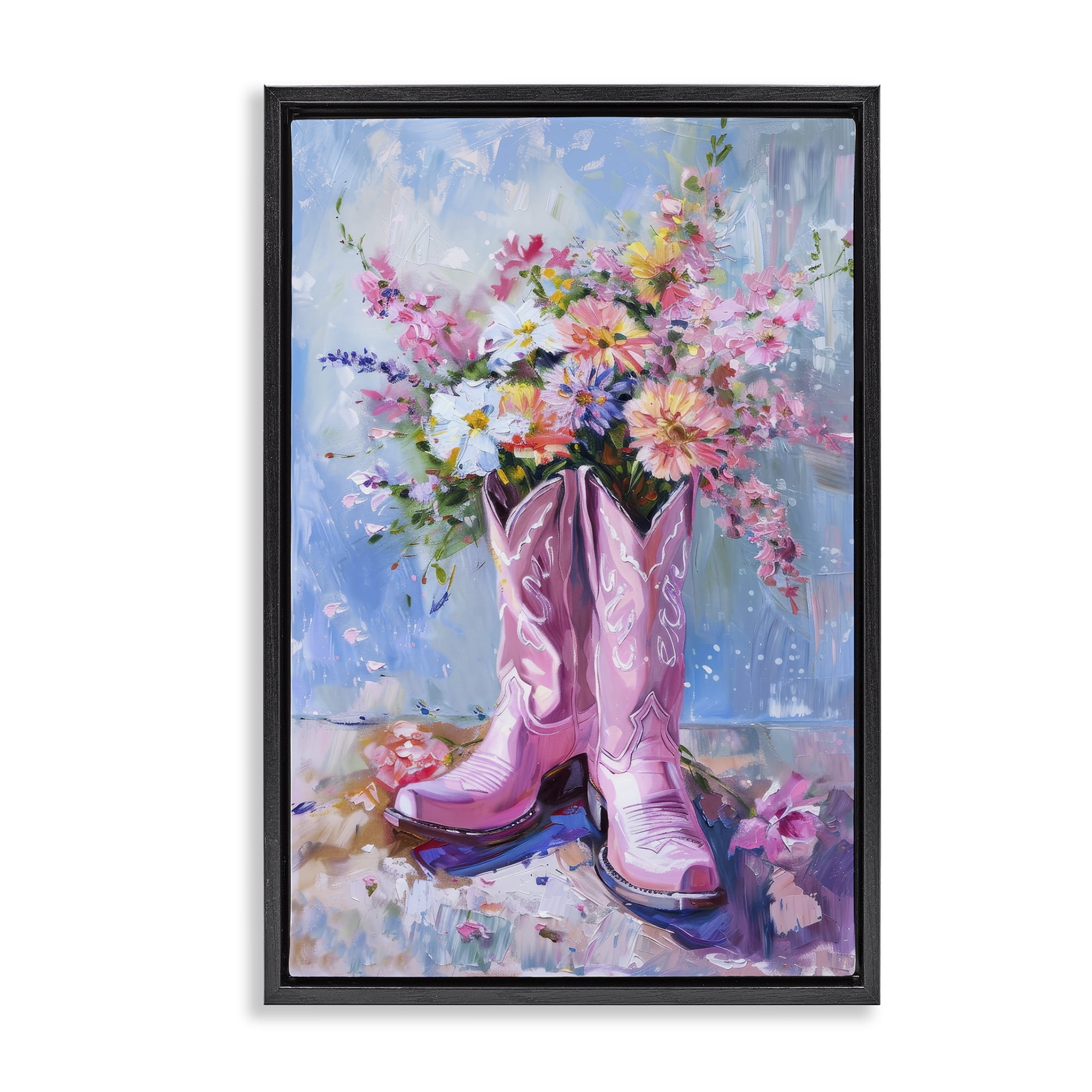 Stupell Industries Floral Cowgirl Boots Plants & Flowers Painting Black Floater Framed Canvas Art Print Wall Art, 17 x 25