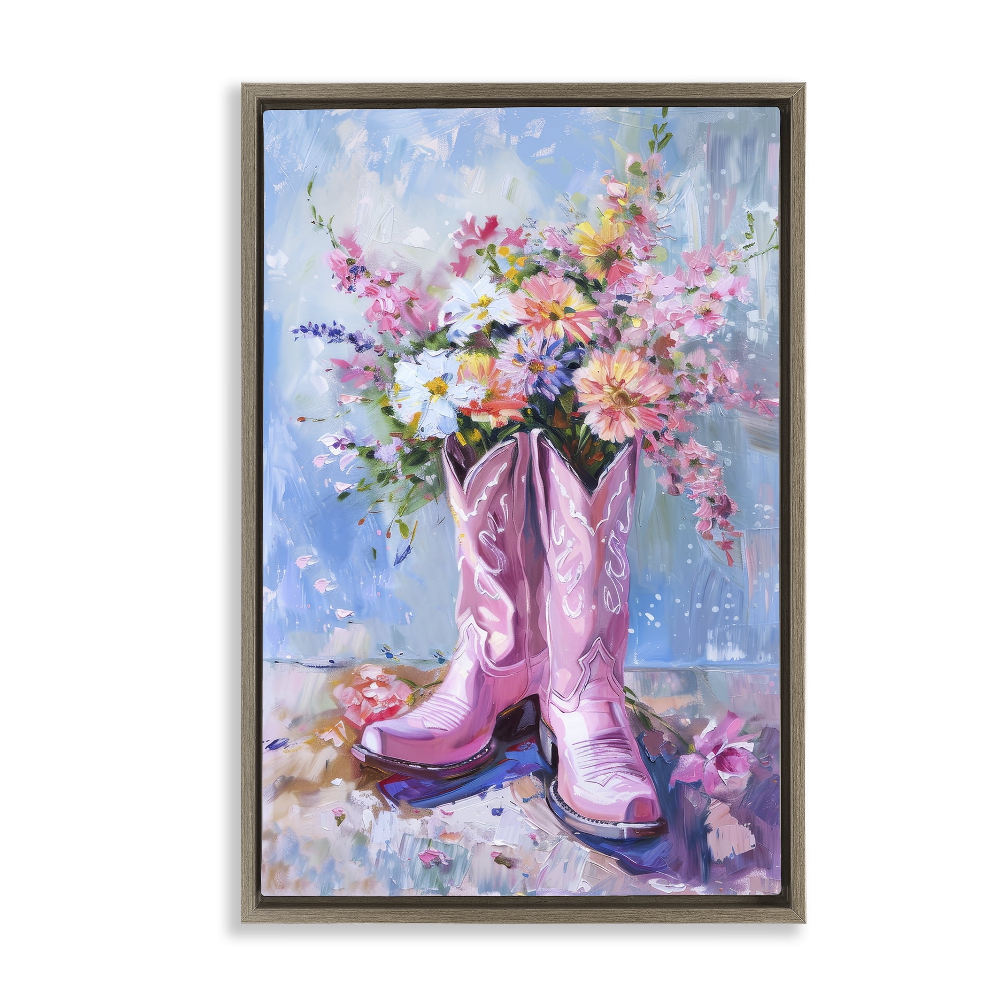 Stupell Industries Floral Cowgirl Boots Plants & Flowers Painting Brown Floater Framed Canvas Art Print Wall Art, 17 x 25